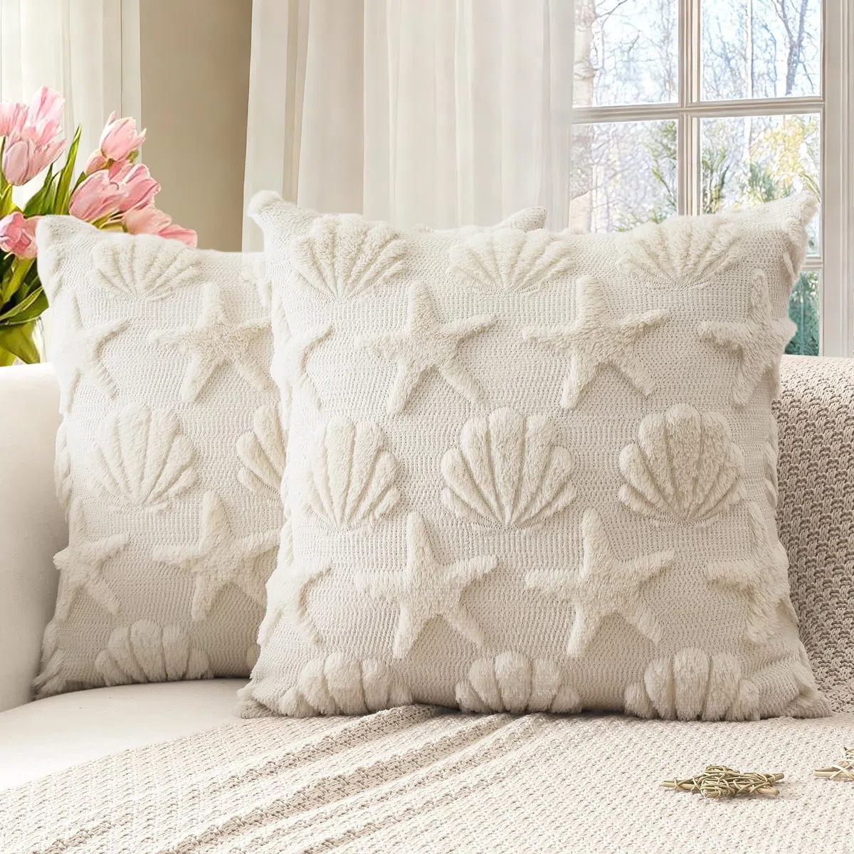 Artscope 2 Pezzi Stella del Mare e Conchiglie Federe in Lana Corta Velluto Copricuscini Morbido Decorativo Fodere per Cuscino Vacanza Stile per Divano Camera da Letto Beige 40x40 cm