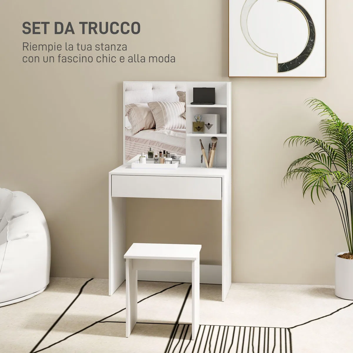 HOMCOM Postazione Trucco a 3 Ripiani e Cassetti con Specchio e Sgabello Abbinato, Toeletta Trucco da Camera in Truciolato, 75x40x137 cm, Bianco