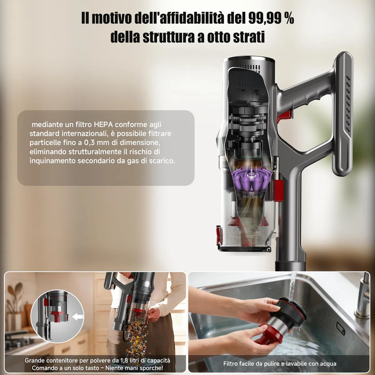Hearten Aspirapolvere senza Fili, 70000Pa/70Min, con Display LED, Spazzola Anti-Groviglio a V, Funzionamento One-Touch, Autoportante, Ideale per Tappeti, Pavimenti Duri e Peli di Animali