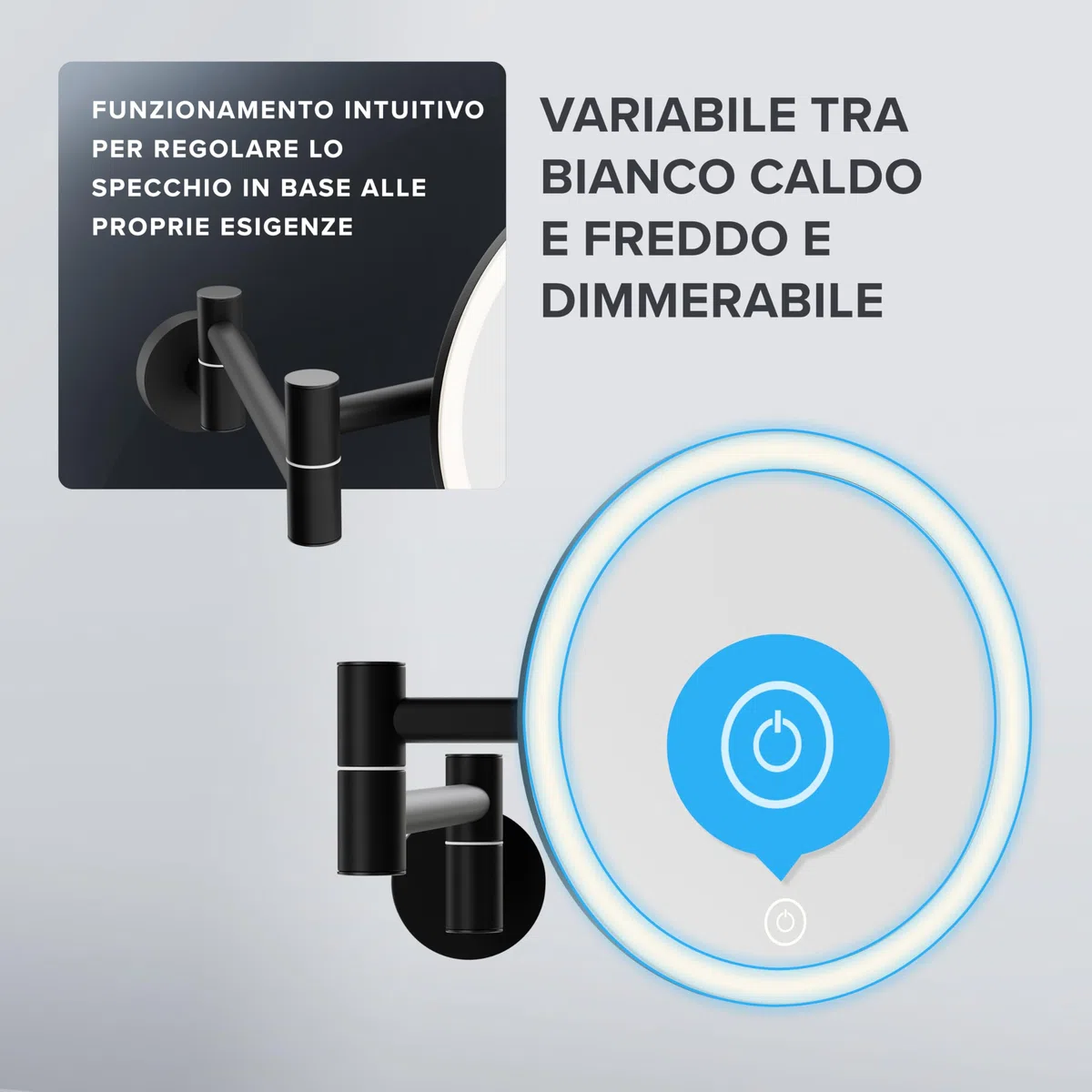 ovimar specchio cosmetico Leinoya | con illuminazione | ricaricabile | da parete per forare | in bagno | specchio ingranditore 5x | specchio per il trucco con luce | specchio a 360 gradi