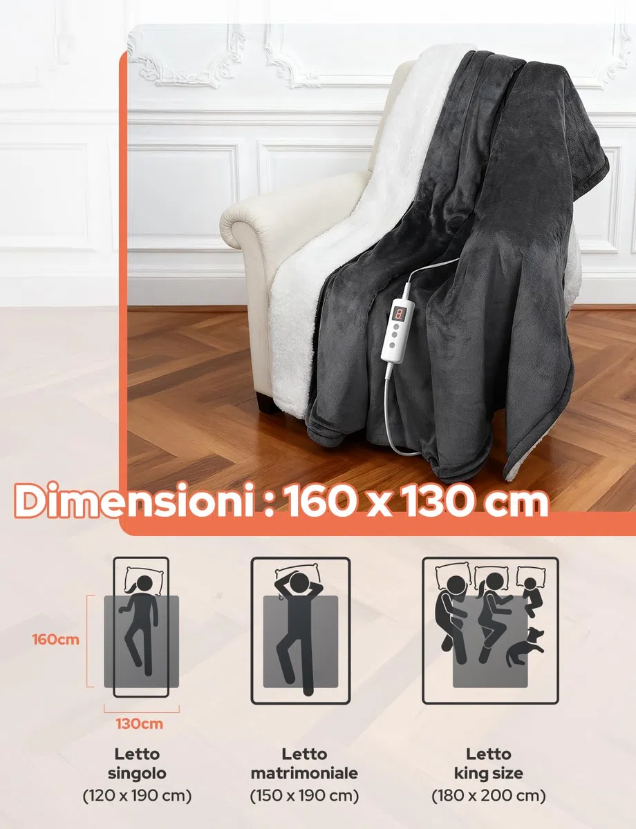 Coperta Termica Elettrica 160x130cm,Schermo LED-10 Livelli Temperatura,9 Impostazioni di Timer,Microfibra+Pile di Agnello,Lavabile,Riscaldamento Rapido,Spegnimento,Automatico-Grigio Scuro