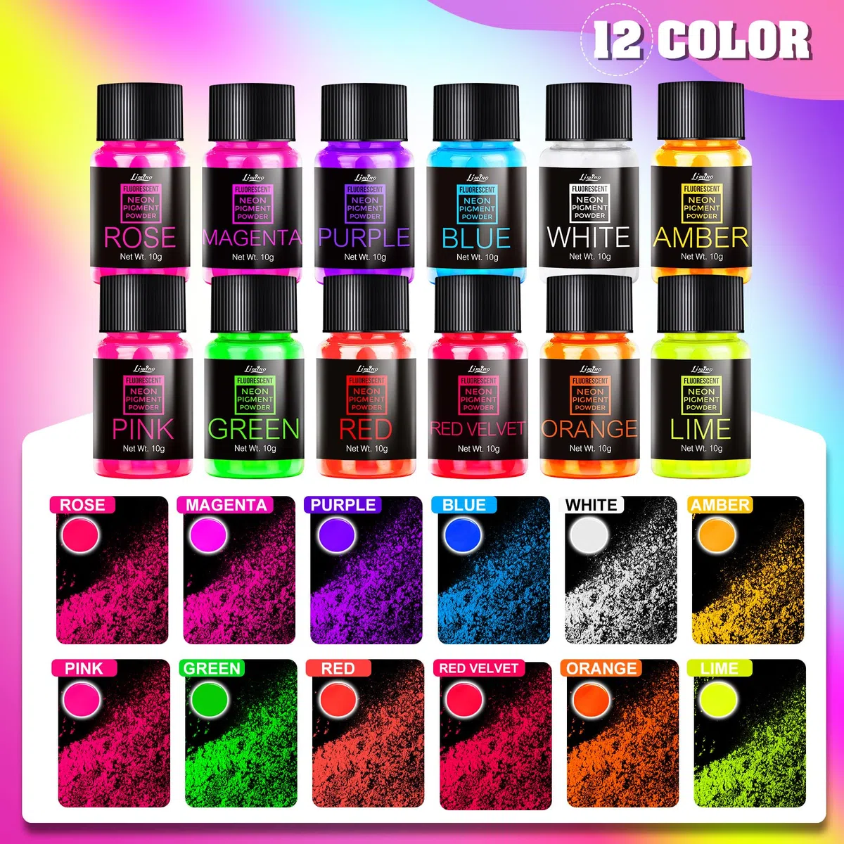 Polvere di pigmento neon - 12 colori Polvere fluorescente per resina epossidica, design delle unghie, candele, slime e produzione di sapone, colorante per resina al neon per pittura, gioielli