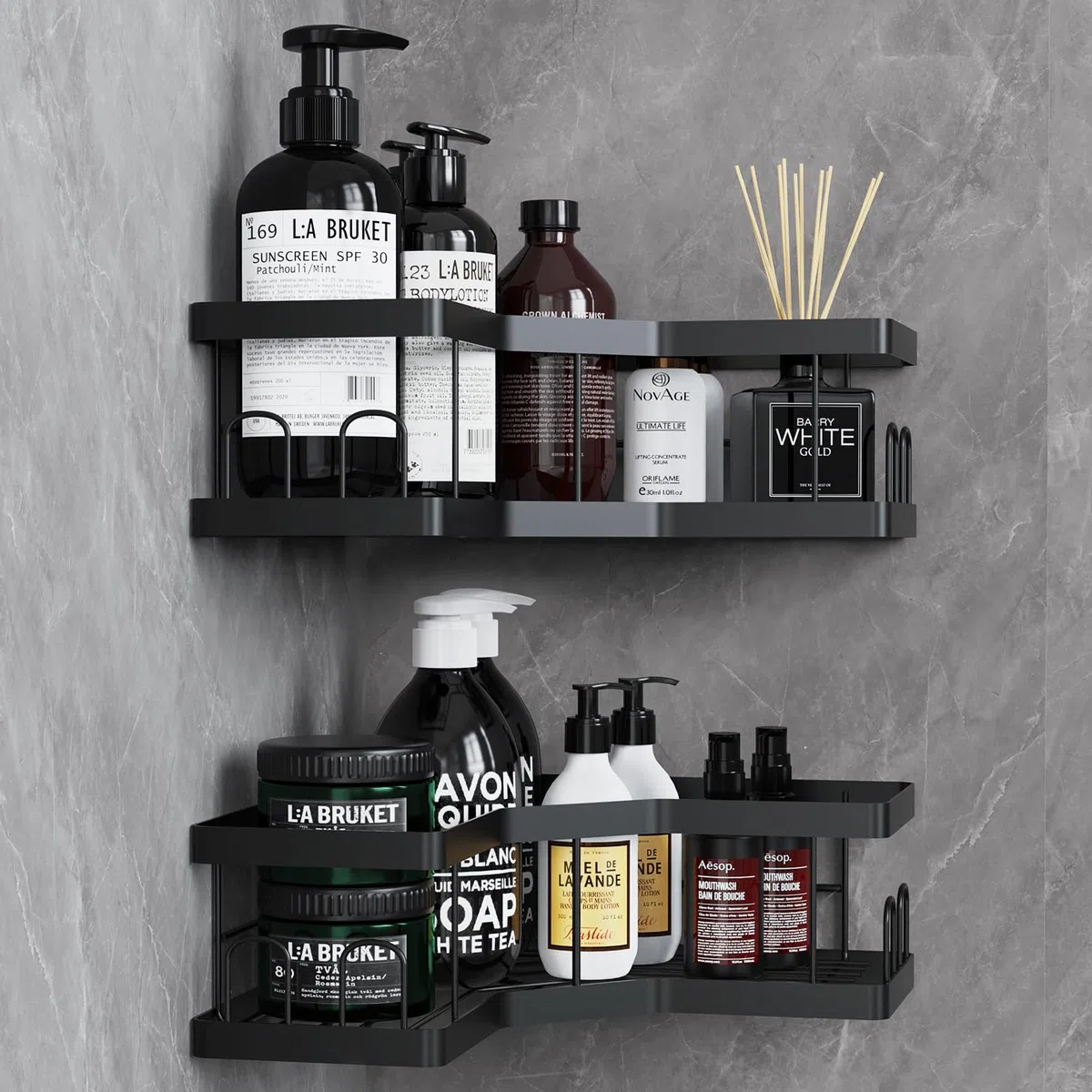 AceMining Porta Sapone per Doccia, 2 Pack Nero Mensola Doccia con Adesivo, Acciaio al Carbonio Porta Bagnoschiuma Resistente alla Ruggine, Shampoo Accessori
