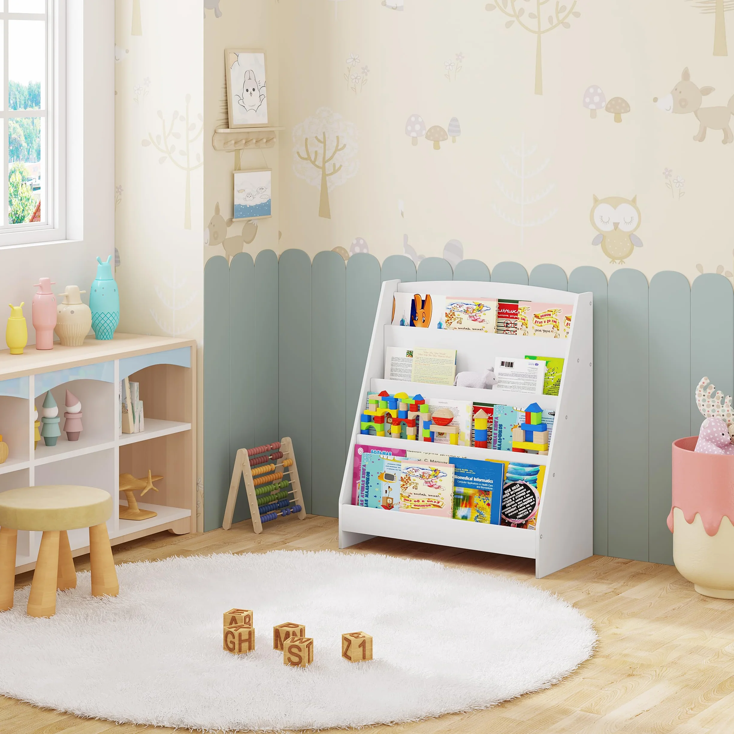 Lestarain Libreria Montessoriana per Bambini in Legno, Mobiletto Porta Libri con 4 Scomparti Aperti, Scaffale da Terra per Cameretta, Bianco, 61x30x70 cm
