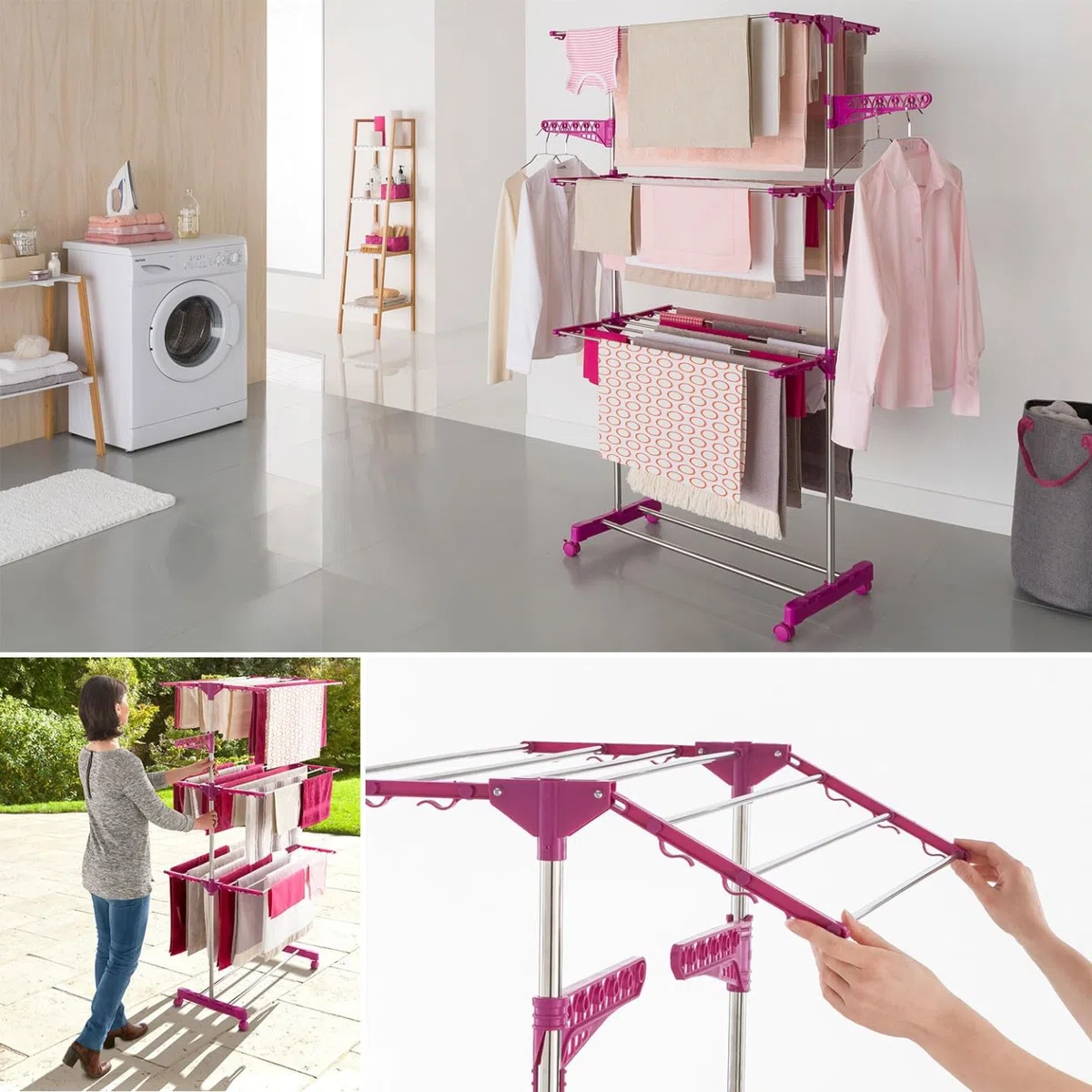 IDMarket - MAXIMA Asciugabiancheria verticale pieghevole a 3 livelli capacità 20M rosa