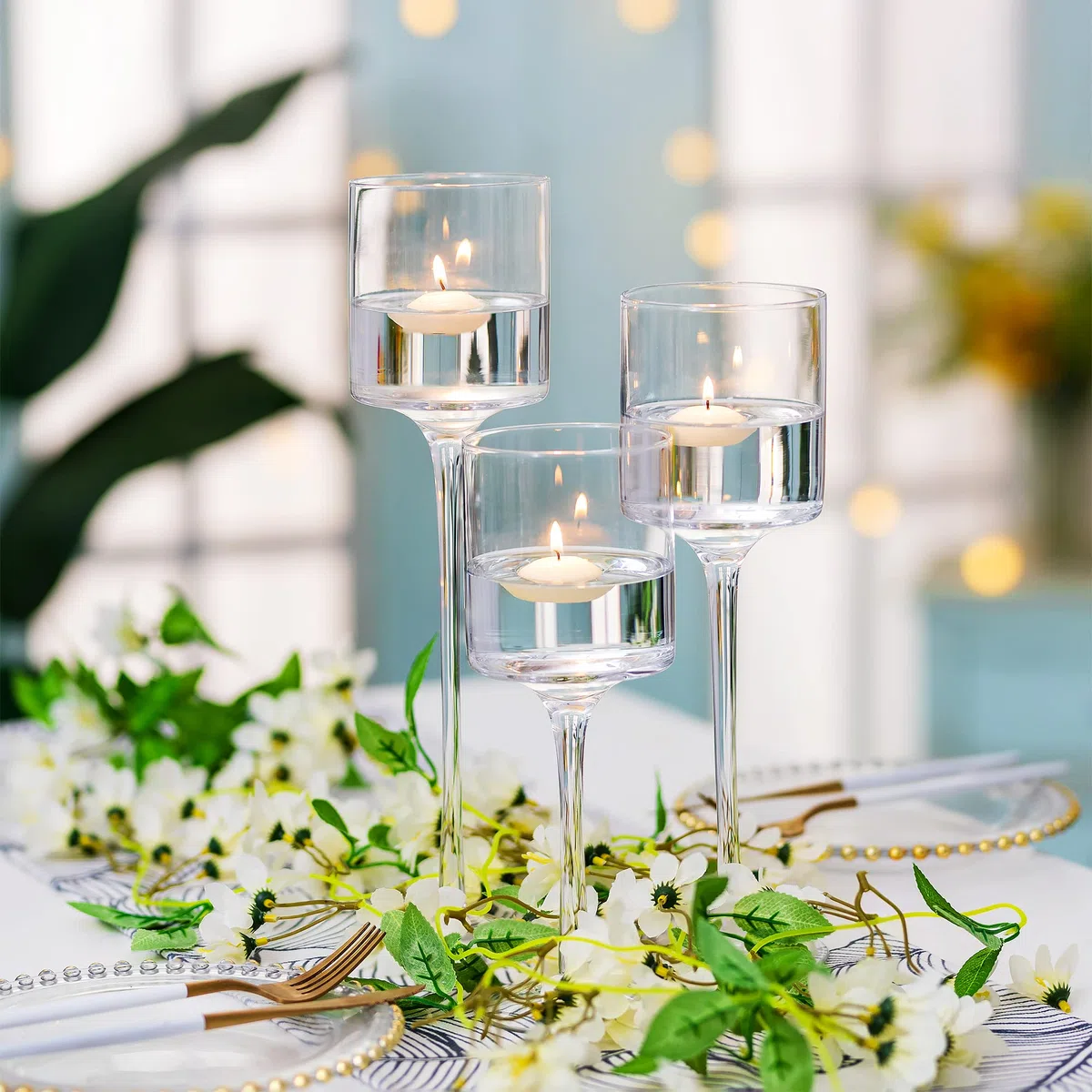 Nuptio 1 Set Portacandele per Tealight Portacandele Alto in Vetro per Candele Galleggianti, Portacandele in Vetro per Candele a Colonna, Portacandele Alti per Centrotavola da Tavolo Decorazione per