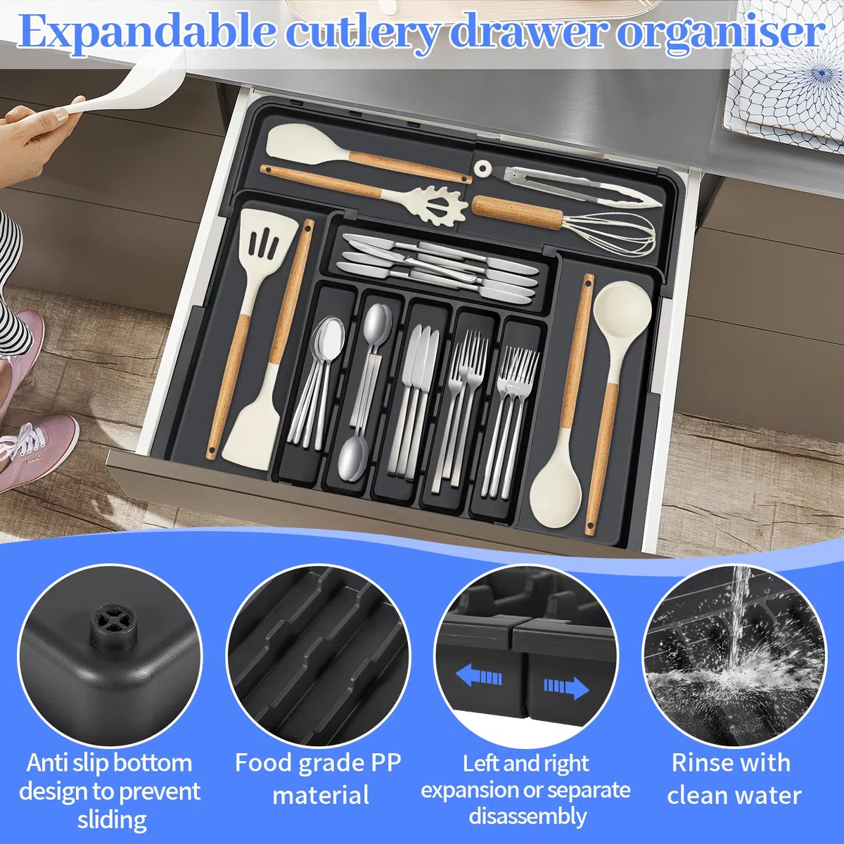 ROELLY Portaposate Da Cassetto, Porta Posate Cucina Con 9 Scomparti, In Silicone 37 * 33 cm, per Riporre Le Posate Da Cucina e I Cassetti, Nero
