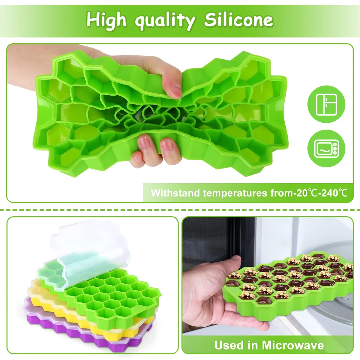 MOSOTECH Stampo Ghiaccio Silicone con Coperchio - 3 Pezzi Stampi Per Ghiaccio, Rilascio Facile per Ghiaccio - può Essere Utilizzato in Congelatore e Forno