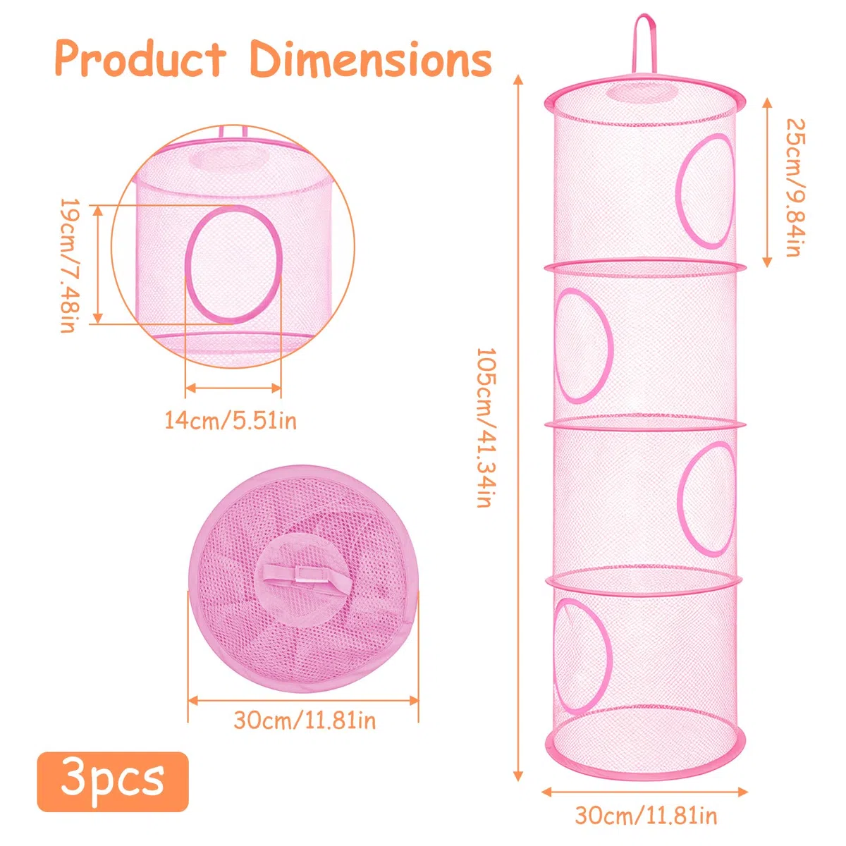 3pcs Organizer Portaoggetti Pieghevole da Appendere a 4 Livelli, Cesto Portaoggetti in Rete, Borsa Organizer per Peluche, Ideale per Cameretta, Bagno e Balcone-Rosa/Viola/Magenta