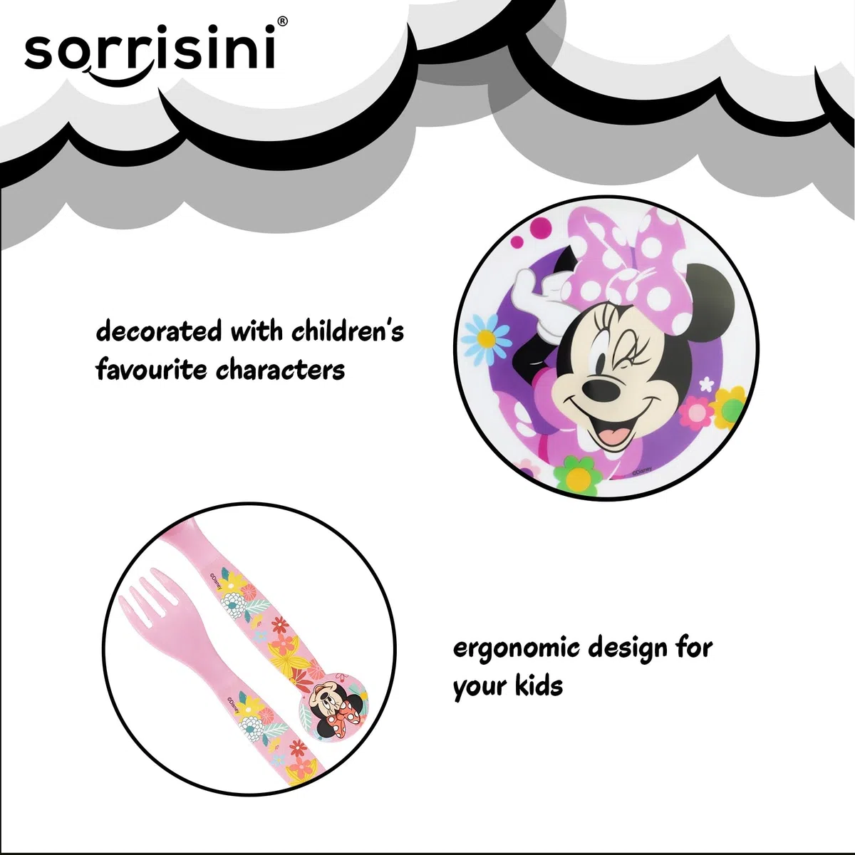 Stoviglie riutilizzabili per Bambini Minnie Mouse, Piatti Bambini per Asilo Scoula Piatto, Ciotola, Posate, Bicchiere, Set piatti in Plastica Adatta per Microonde