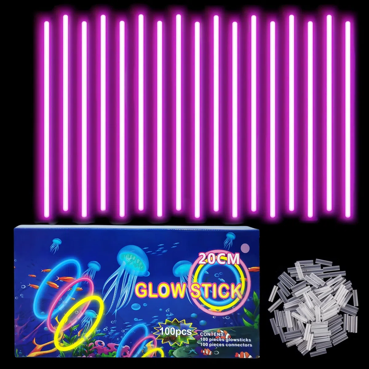 Braccialetti Luminosi Fluorescenti Rosa 100 Pezzi, Colorati Bastoni Bulk con 100 Connettori, Glow Sticks Bambini Adulti per Compleanno, Feste, Carnevale, Capodanno, Pasqua, Halloween