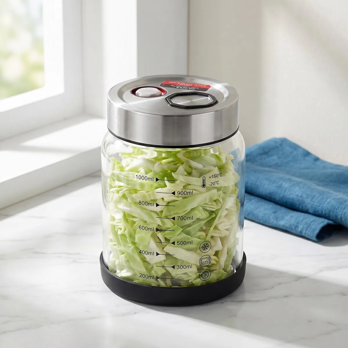 Barattolo per Fermentazione con Coperchio,1L Vaso per Sottovuoto Adatto alla Bollitura,Valvola di Sfiato,Barattolo per Crauti,Contenitore per Kimchi,Vasetto per Cetioli per Crauti,Kimchi,Cetioli