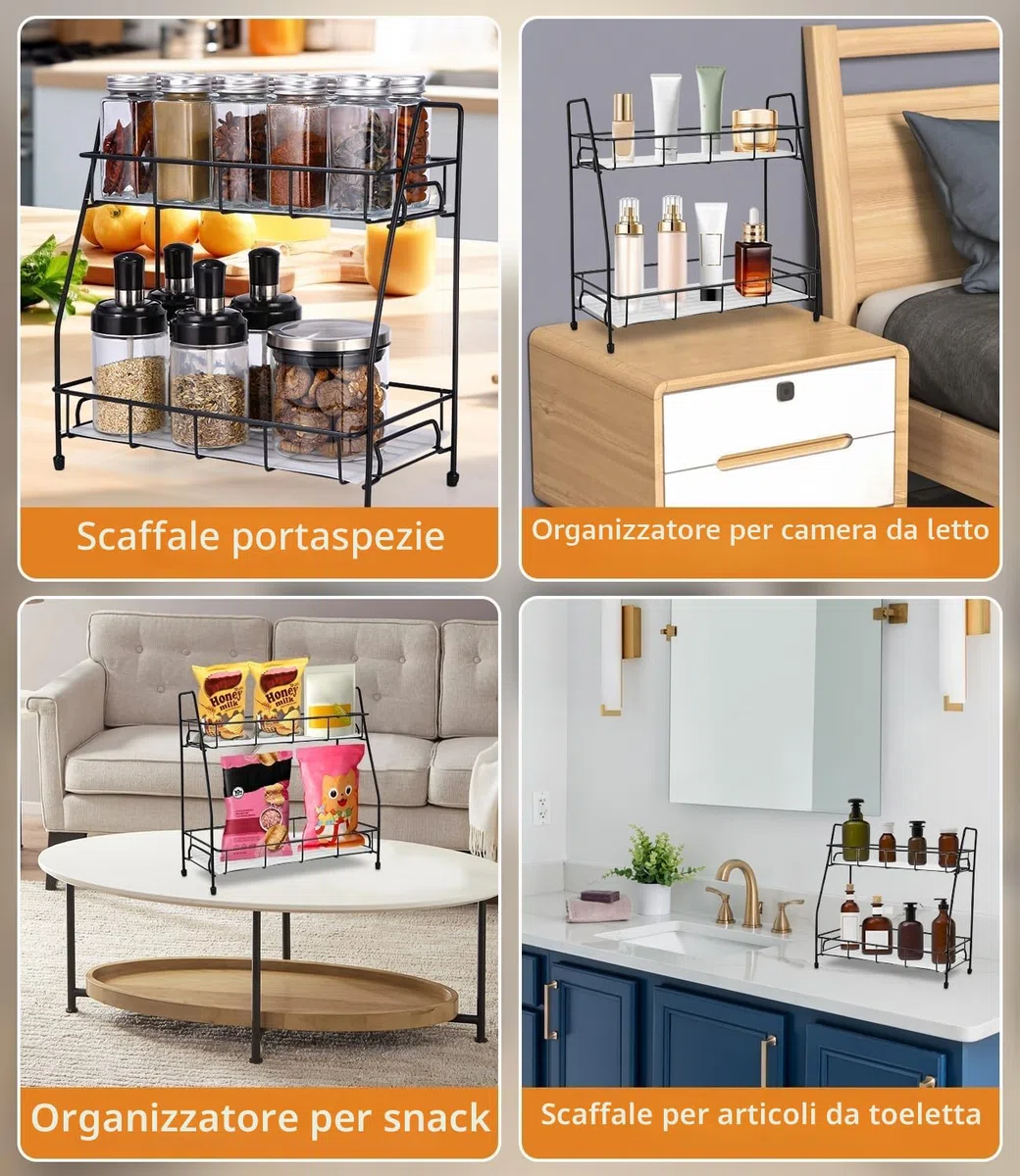 Porta Spezie per Cucina, Organizer Cucina in Metallo, Porta Spezie Salvaspazio, Alzatina Spezie Moderna, Ripiani Pratici Salvaspazio per Oggetti e Bagno, Portaspezie Ideale per Spazi Ridotti