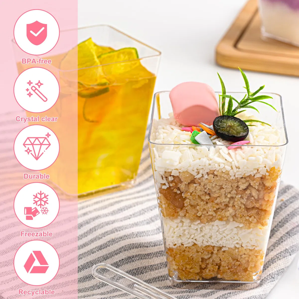 Set di 40 Pezzi Tazze Bicchieri da Dessert con Cucchiai Plastica, 160 ml/5oz Coppette Gelato Riutilizzabili, Bicchierini Monoporzione Dolci, Bicchierini Finger Food Trasparenti per Feste e Compleanni
