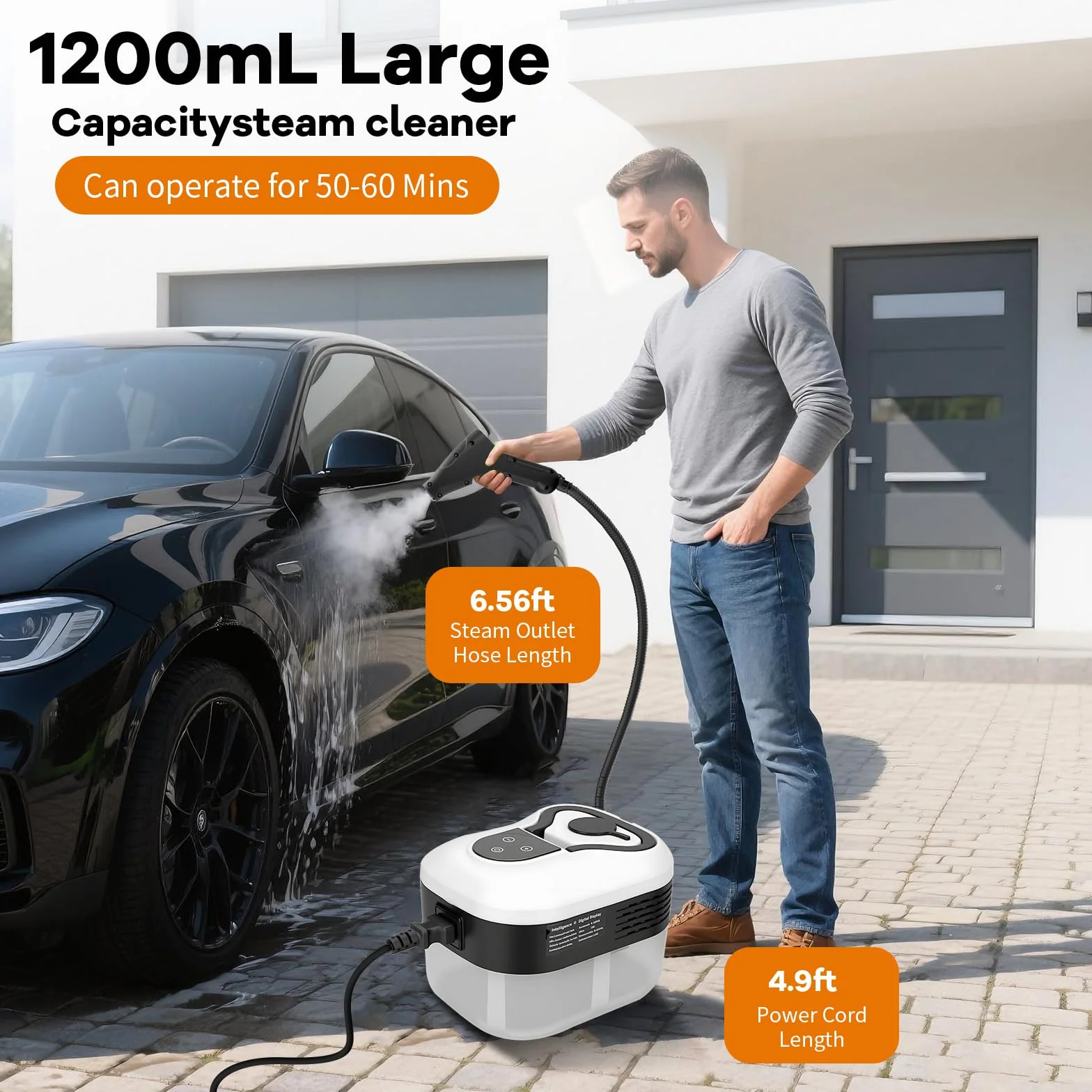 Pulitore a Vapore ad Alta Temperatura 2500W - 3,5Bar di Pressione, 1200ml, 6 Velocità, 15s di Riscaldamento, per Cucina, Auto, Pavimenti e Aria Condizionata