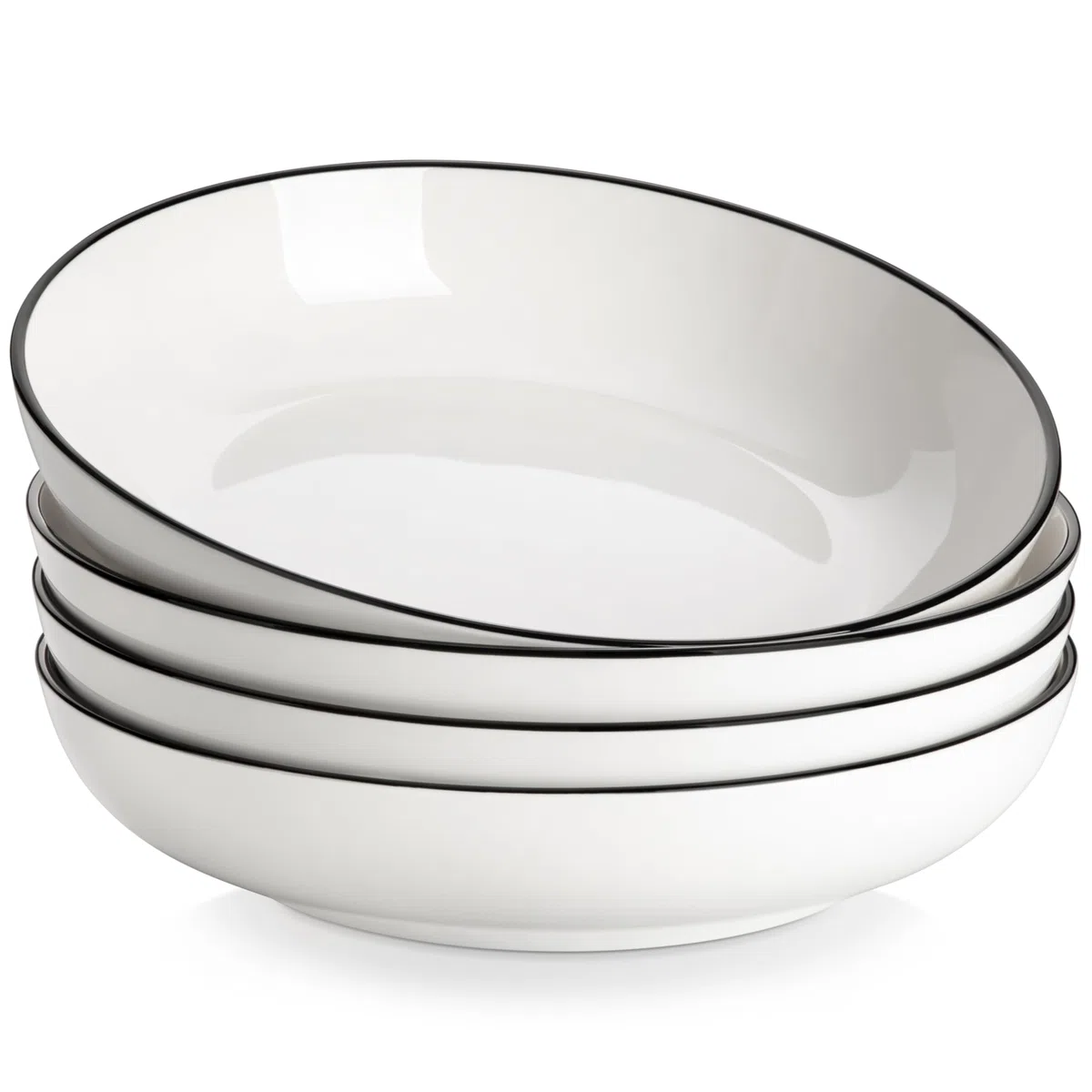MALACASA Serie REGULAR 1680ml Piatti da Pasta in Porcellana, Piatti da Zuppa, Set di 4 Ciotole per Insalata, Bianco con Bordo Nero