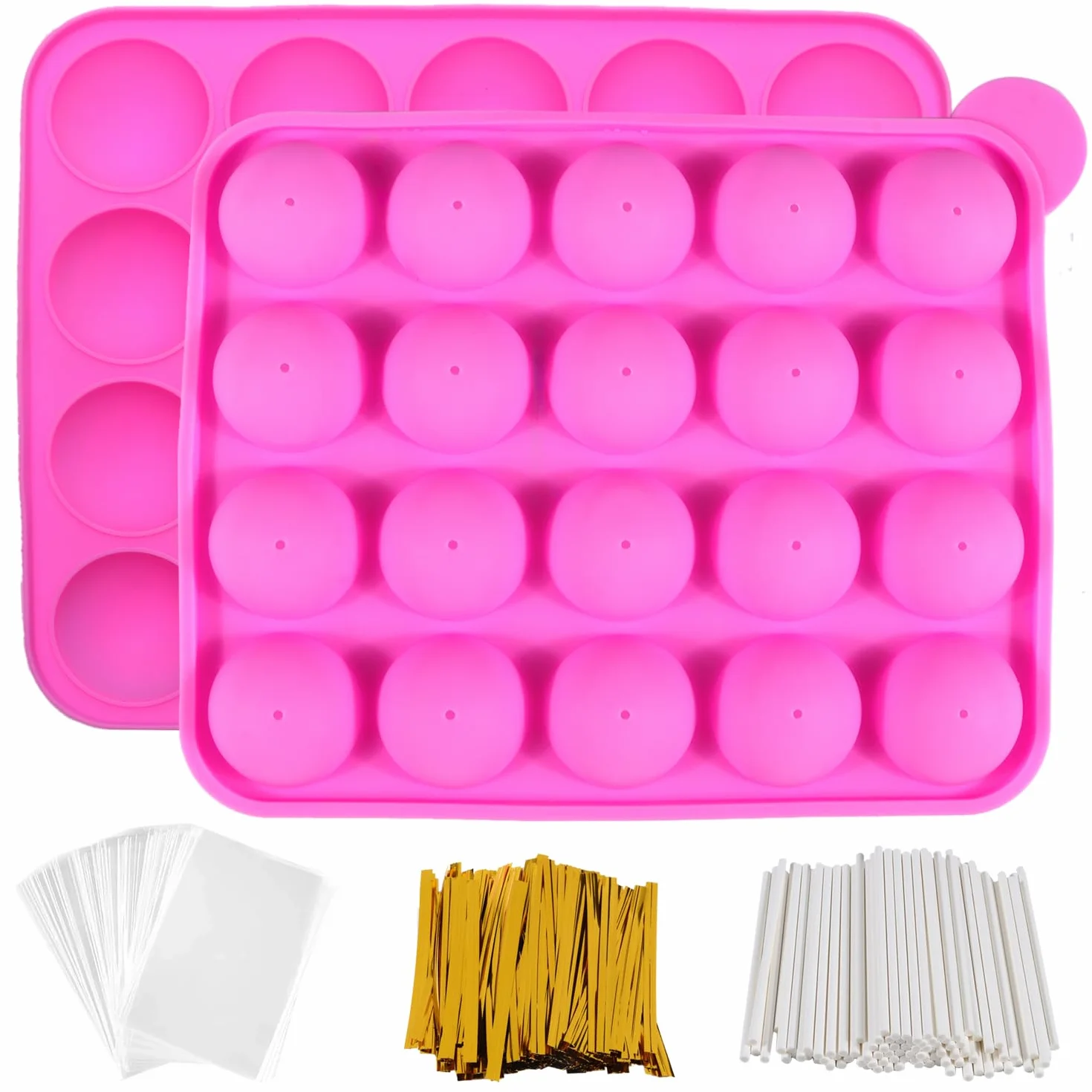 Stampi per cake pop da forno, 20 cavità in silicone vassoio Pop cake stick Mould- Lollipop Party Cupcake stampo per torte, 100 cake pop, 100 wrapper, 100 Twist Ties