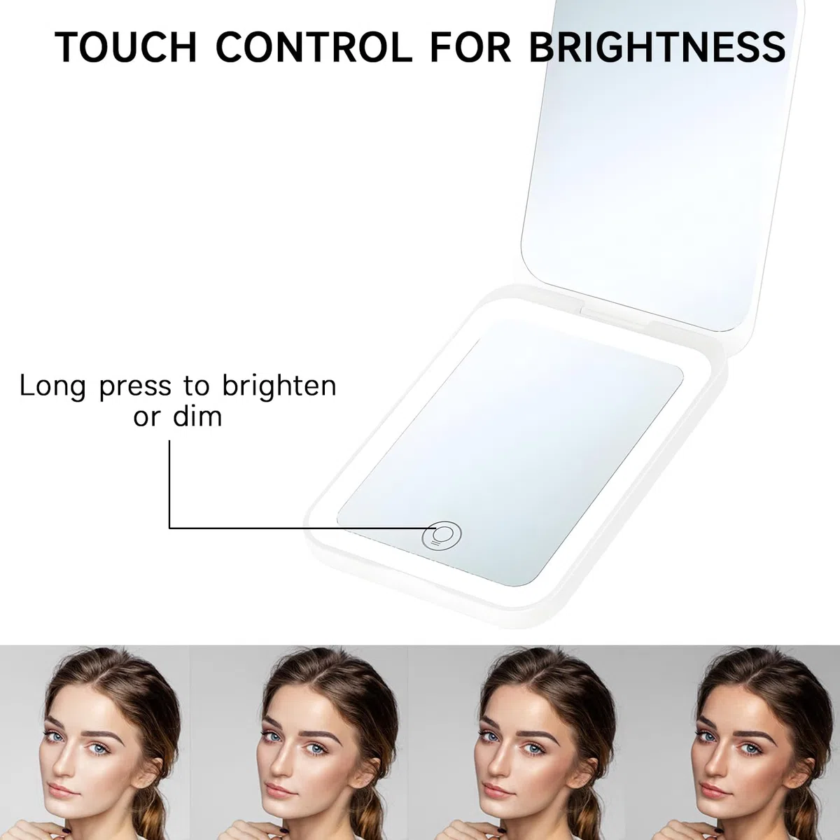 QUMOX Specchio Trucco Compatto Ricaricabile con Luce, Specchio Doppio 1X e 2X Ingrandente, 3 Modalità di Illuminazione, Luminosità Regolabile, Specchio Portatile Pieghevole USB-C da Viaggio