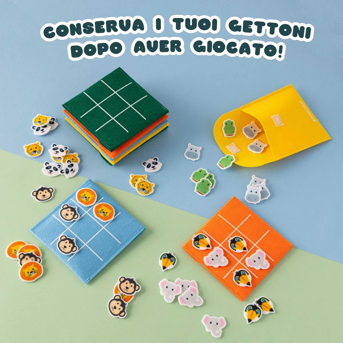 BONNYCO Tic Tac Toe Animali della Giungla, Pack 16 Gadget Compleanno Bambini. Mini Giochi, Regalini Fine Festa Compleanno Bambini. Regalino Fine Festa Invitati Persierini, Gioco Tris Giochini Scuola