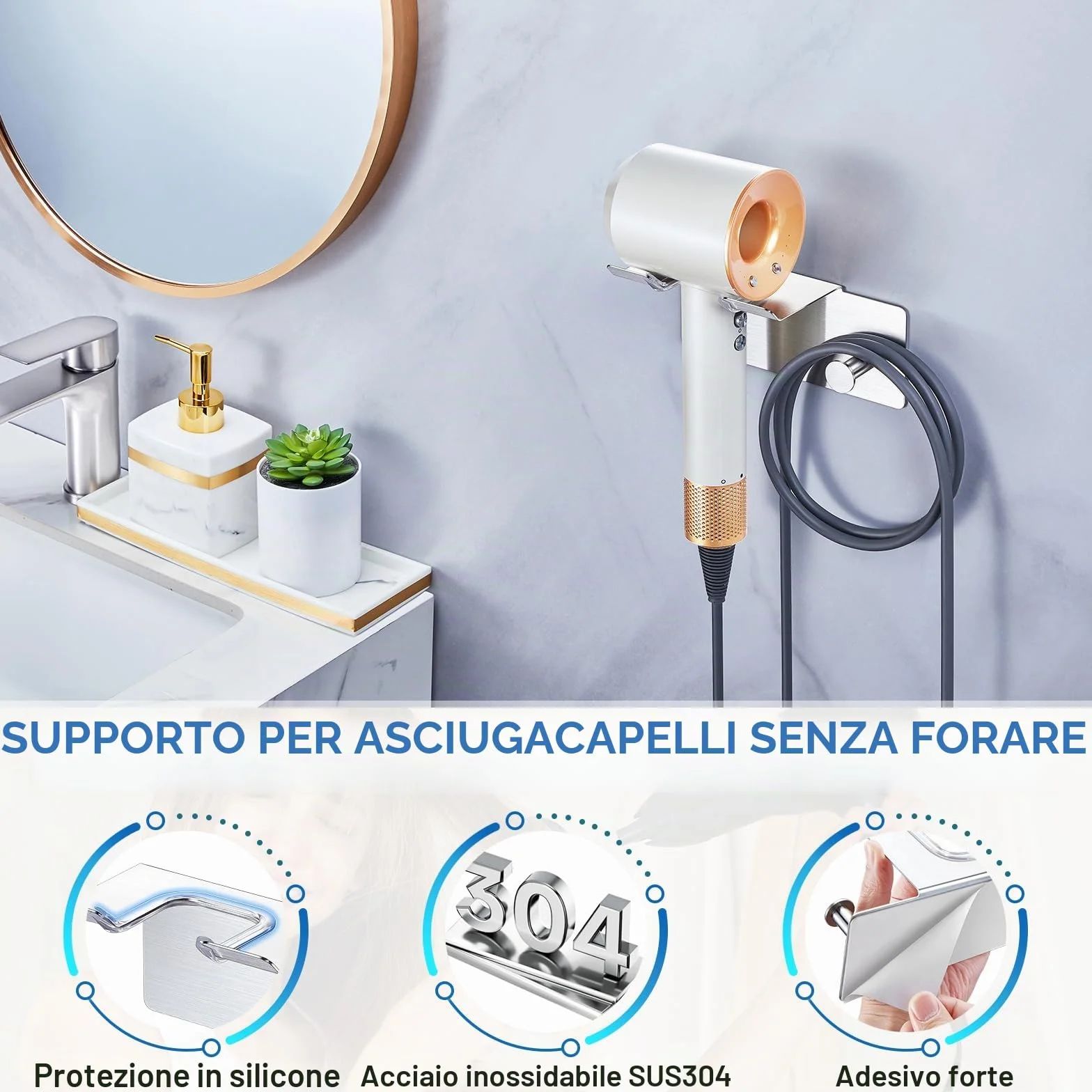 Porta Asciugacapelli da Parete, Porta Phon da Muro Supporto Phon da Parete Metallo,Supporto Adesivo per Asciugacapelli da Appendere per Armadietto Bagno Camera da Letto Barbieri (Argento)