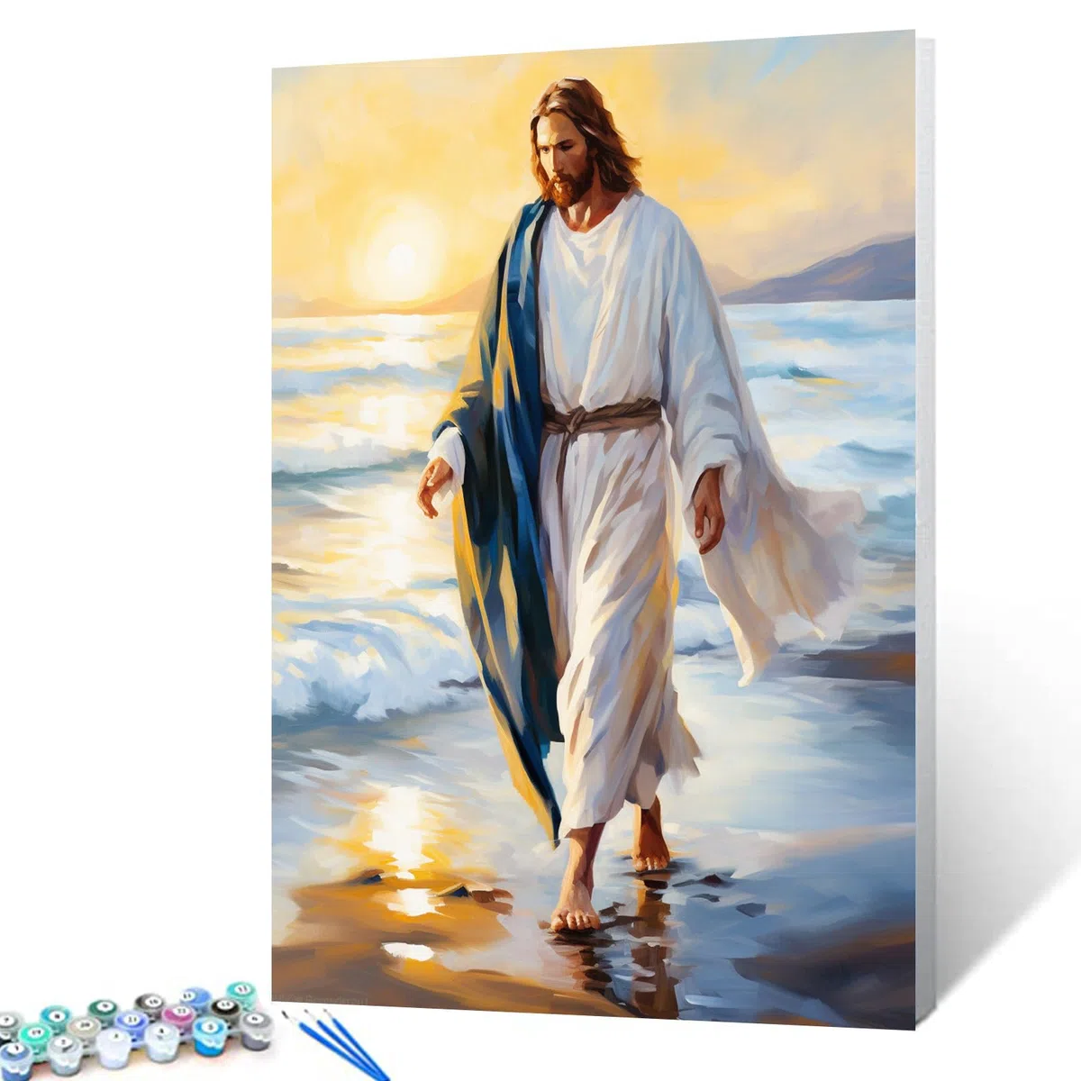 Tucocoo Holy Faith Sunrise - Kit di pittura con i numeri, 40,6 x 50,8 cm, tela fai da te, per adulti, con pennelli e pigmento acrilico, immagini di Gesù che cammina sulla spiaggia per la decorazione