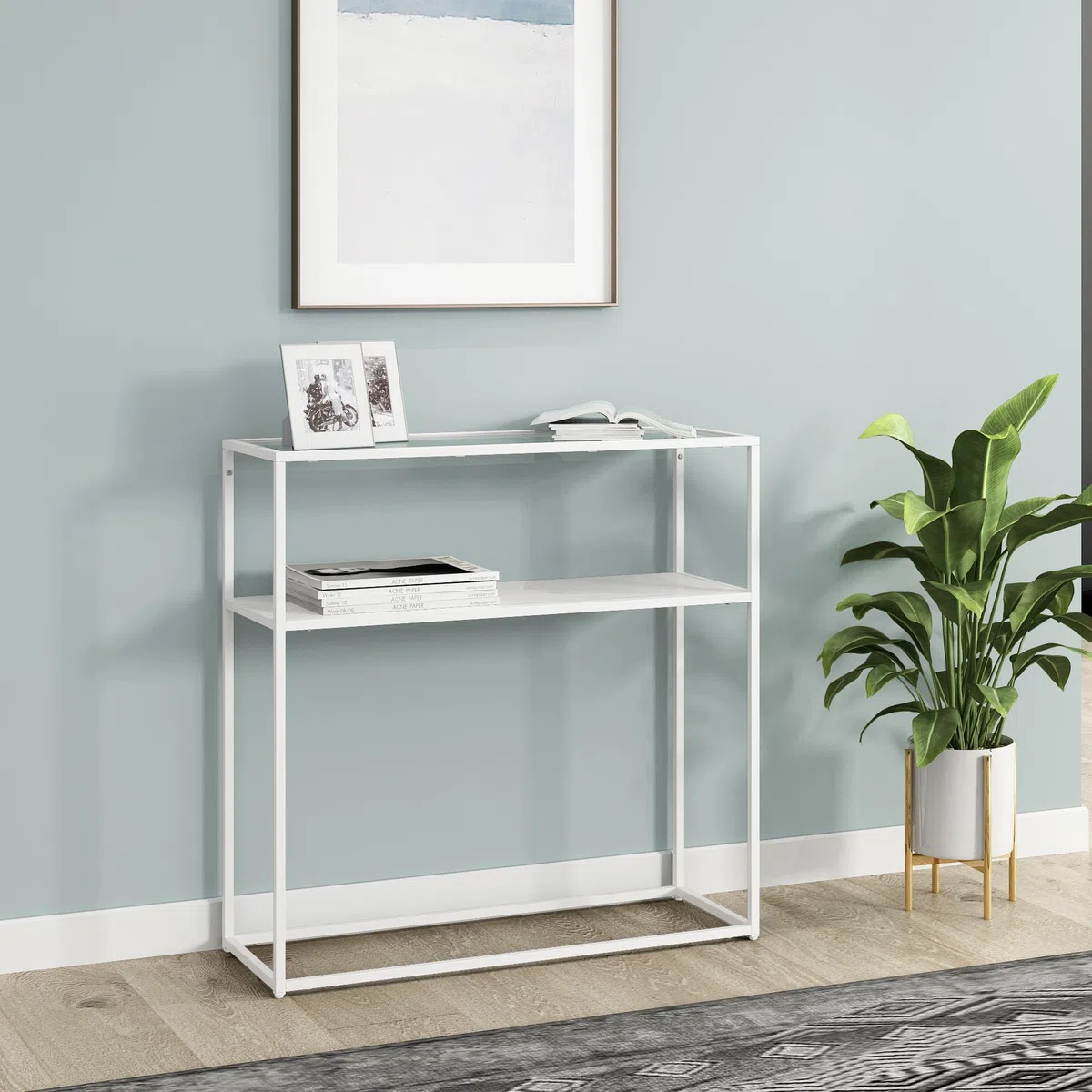 [en.casa] Tavolo a Consolle in Metallo e Piano Tavolo in Vetro Temperato Mobile da Ingresso Corridoio 80 x 80 x 30 cm Consolle Stretto con 2 Piani di Appoggio - Bianco