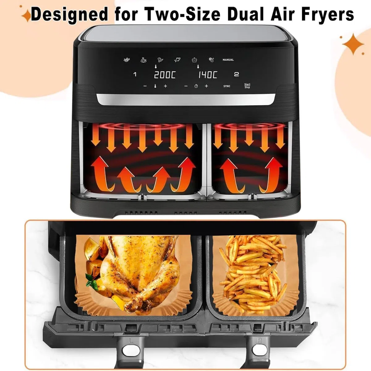 120 pz carta da forno per Philips Airfryer Dual Basket 3000 Series, friggitrice ad aria calda carta da forno per Tefal Easy Fry EY901810 EY905D 5,2/3,1 L, Cecotec 5,5/3,5L, Moulinex 8,3 L