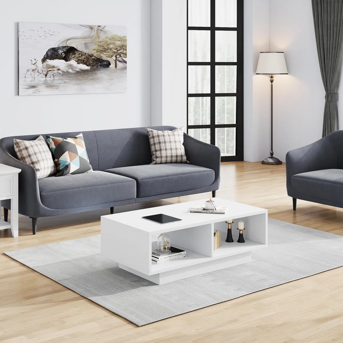 Tavolino Bianco, Tavolo da Salotto, Moderno e Elegante Tavolo da Caffè Rettangolare con 2 Ripiani Aperti, Tavolo Laterale Rettangolare per Soggiorno, per Camera da Letto e Ufficio, 90x48x31 cm