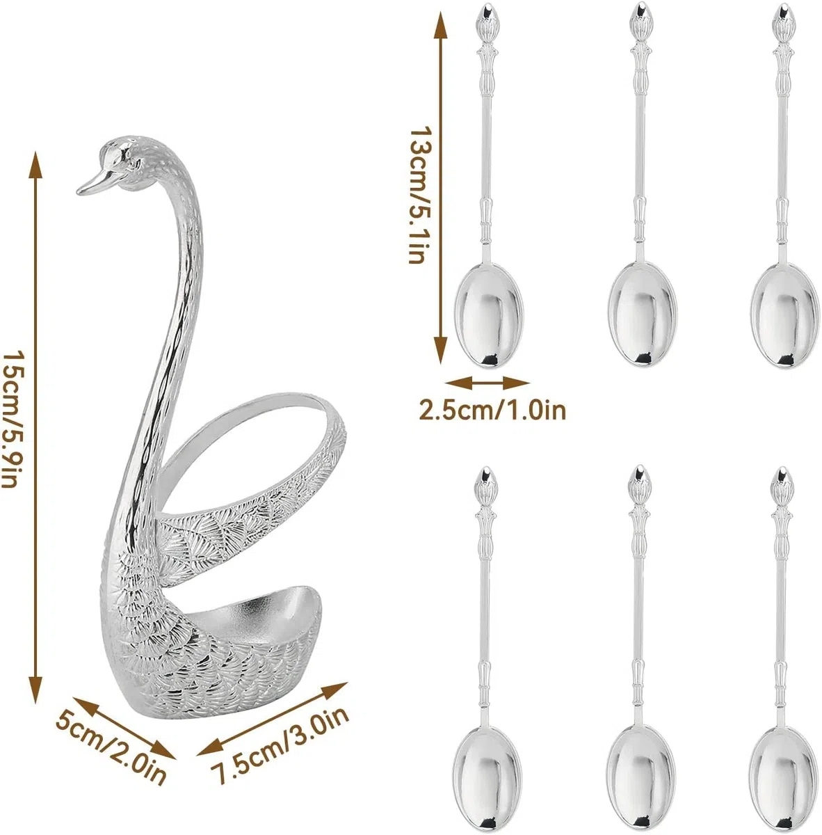 6 cucchiai da portata, cucchiaini da caffè in acciaio inossidabile con porta utensili porta cucchiaio a forma di cigno per piano di lavoro(Silver)