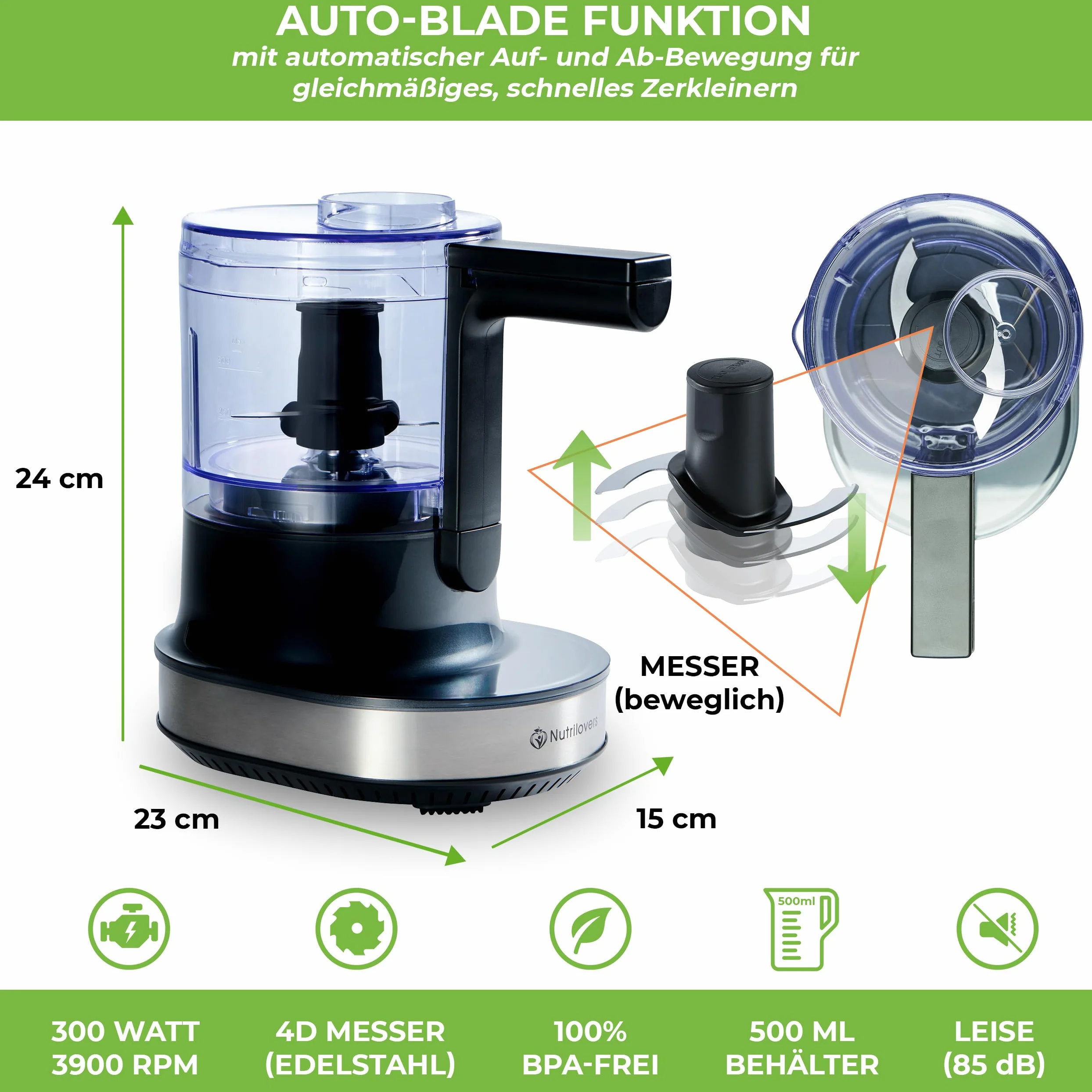 NUTRI-CHOPPER 4D tritatutto elettrico con funzione AUTO-BLADE – senza BPA – marchio tedesco – Food Processor trituratore universale per cipolla carne, noci, pesto