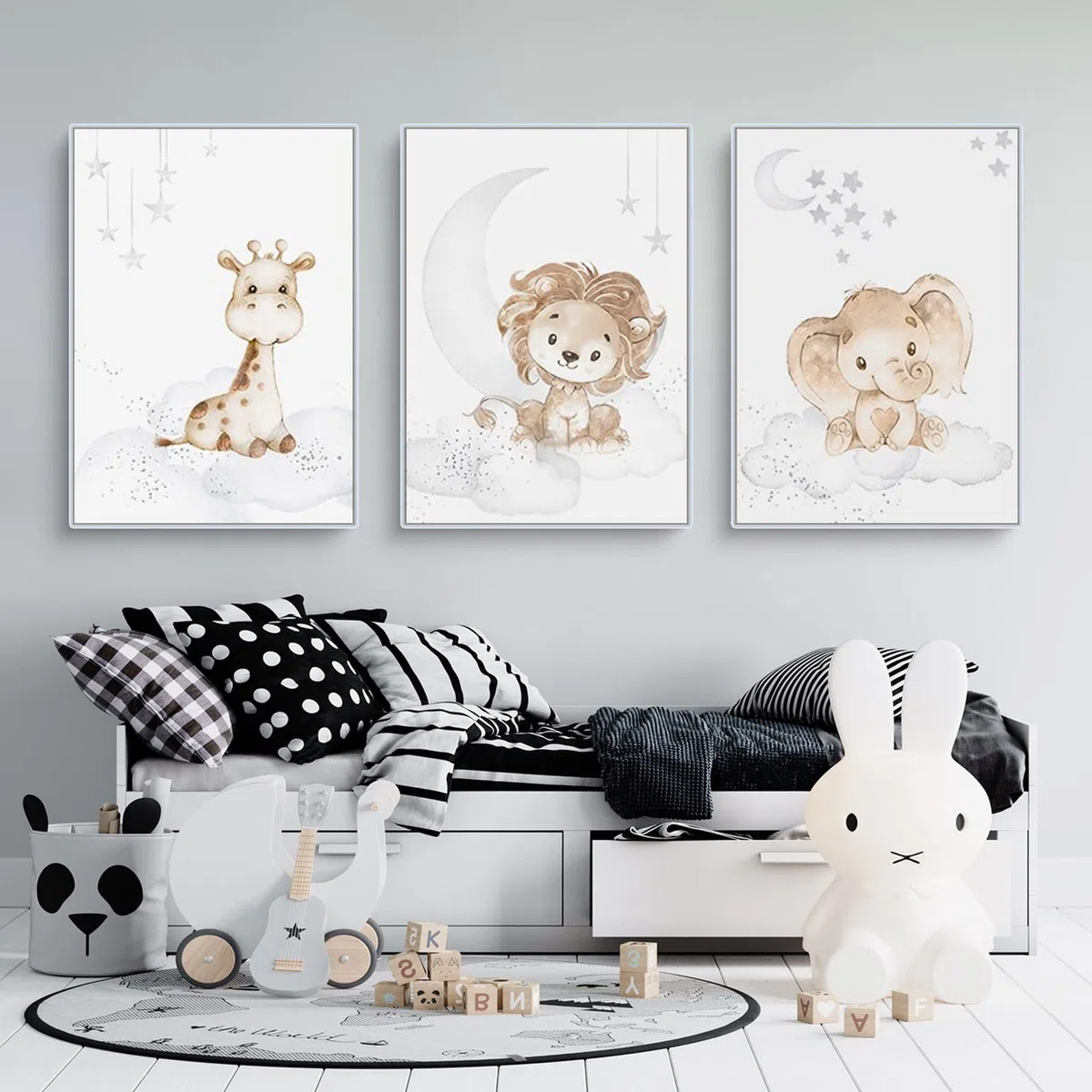 EXQULEG Set di 3 poster per camerette dei bambini, motivi: coniglietto, giraffa, animali, senza cornice, per ragazzi e ragazze (A30 x 40 cm)
