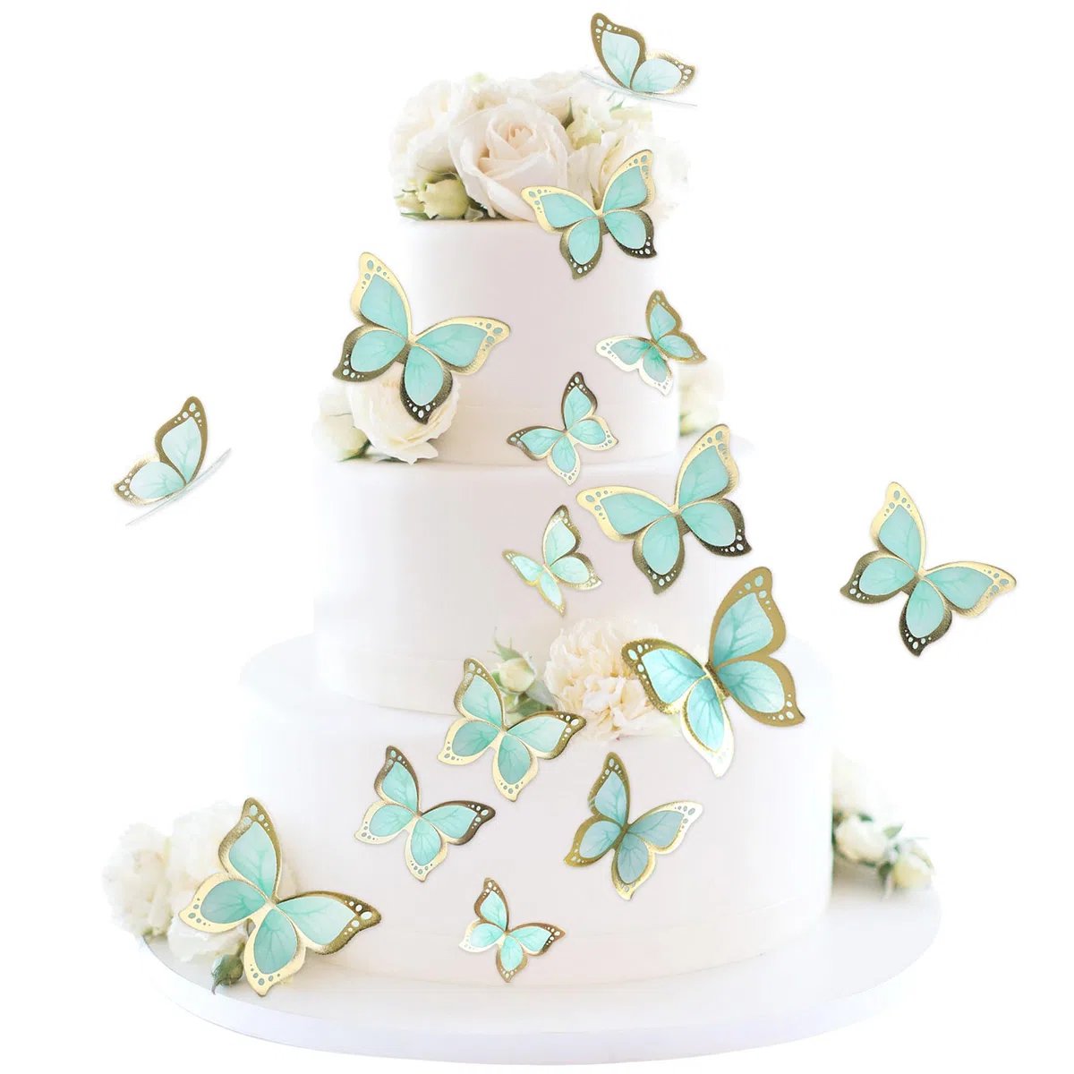 Blumomon Accessori per torta 3D con farfalle, decorazioni, bordo in oro verde, dimensioni miste, topper per cupcake a farfalla, matrimonio, baby shower, matrimonio, anniversario, compleanno, festa,