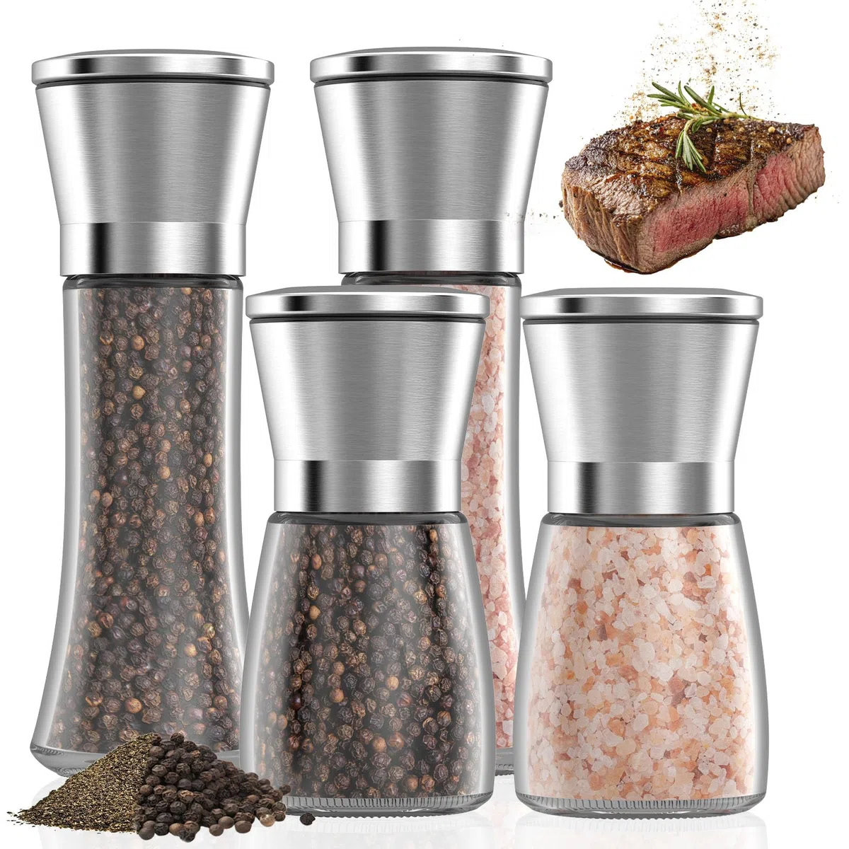 4 Pezzi Macina Sale Pepe,Manuale Saliera e Pepiera,Vetro e Acciaio Inox,Dimensioni Regolabili Dei Grani Macina con Nucleo di Macinazione in Ceramica[Senza Contenuto di Spezie]