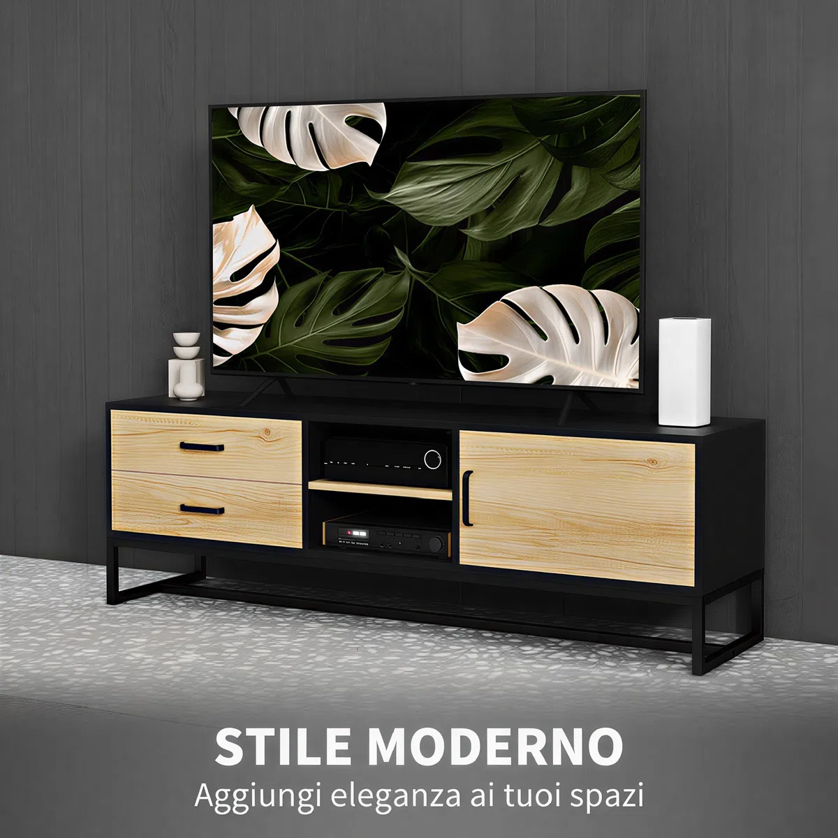 HOMCOM Mobile Porta TV 60" con Armadietto, 2 Cassetti e Ripiani Regolabili, Mobile TV con 2 Aperture Passacavi in Legno per Soggiorno e Salotto, 140x35x45 cm, Legno Naturale e Nero