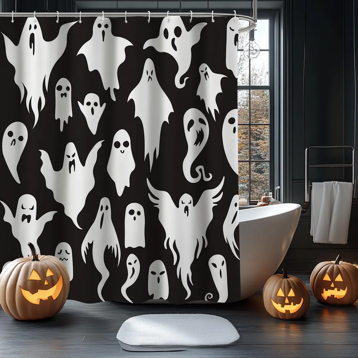 AIBIIN Tenda da doccia con fantasmi di Halloween, 182,9 x 183 cm, motivo fantasma in bianco e nero, divertente tenda da doccia carina e divertente decorazione impermeabile in tessuto resistente per la