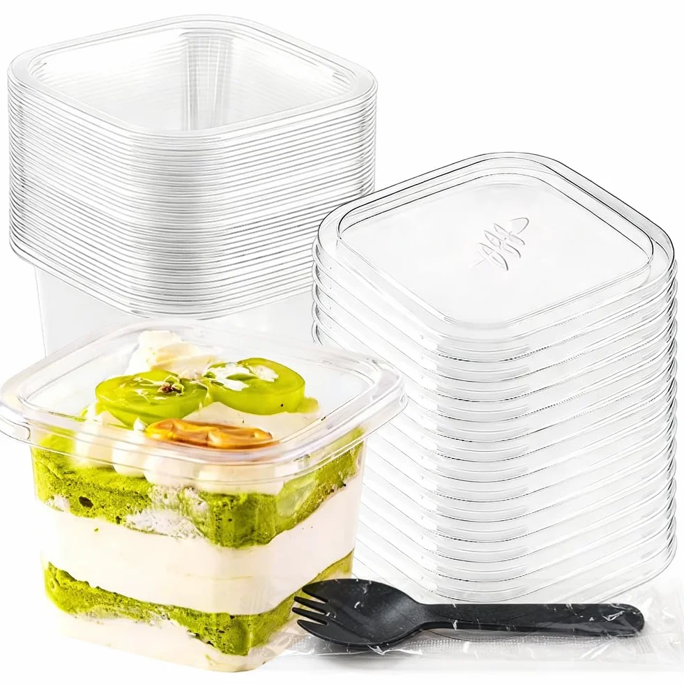 50 bicchieri da dessert rettangolari in plastica, con coperchio, 360 ml, trasparenti, con 50 cucchiai, riutilizzabili, in plastica quadrata per dessert, mousse, tiramisù