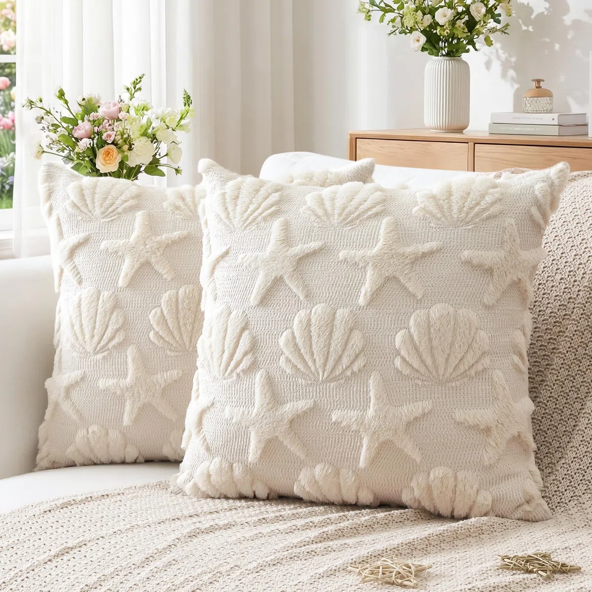 Artscope 2 Pezzi Stella del Mare e Conchiglie Federe in Lana Corta Velluto Copricuscini Morbido Decorativo Fodere per Cuscino Vacanza Stile per Divano Camera da Letto Beige 40x40 cm