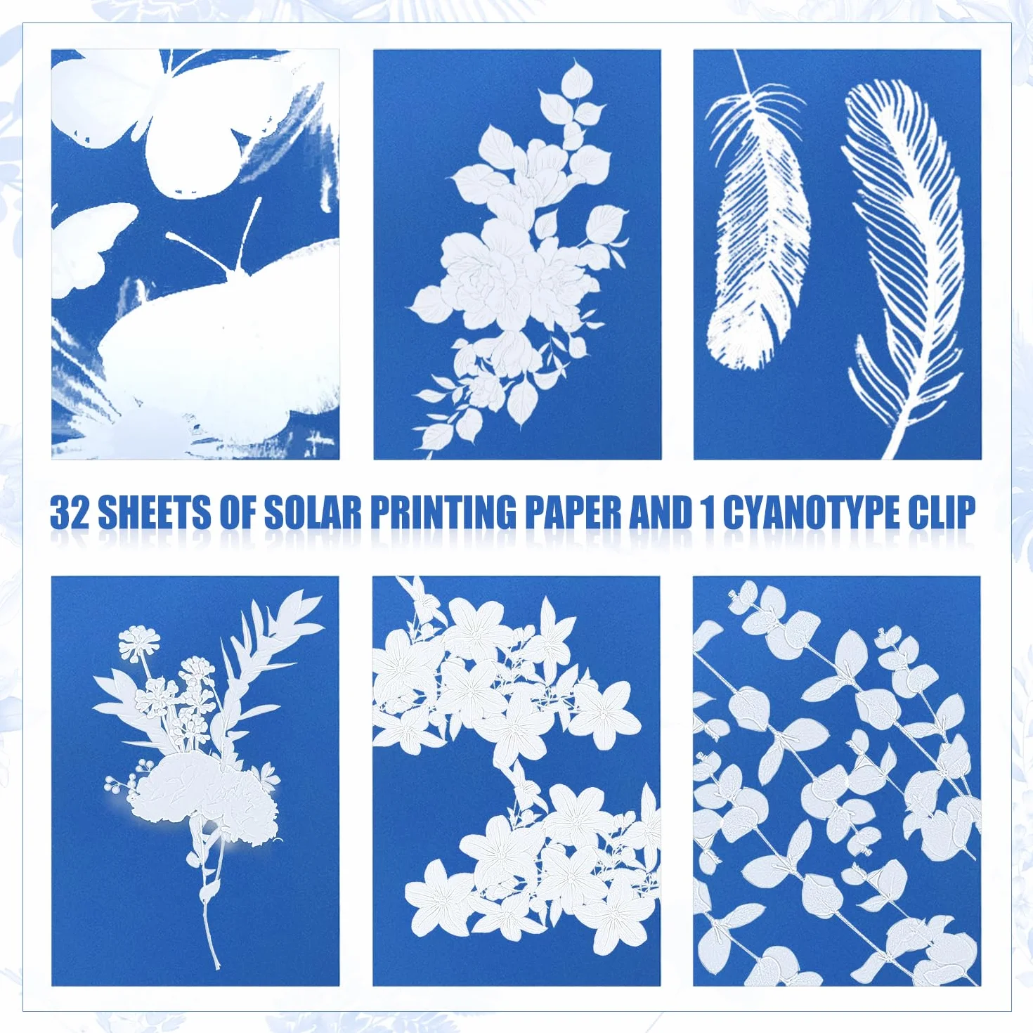 32 Pezzi Carta Cianotipica, Artistica Solare Alta Sensibilità per Stampa Con Strumento in Plastica - Bambini Adulti Fai Da Te Artigianato