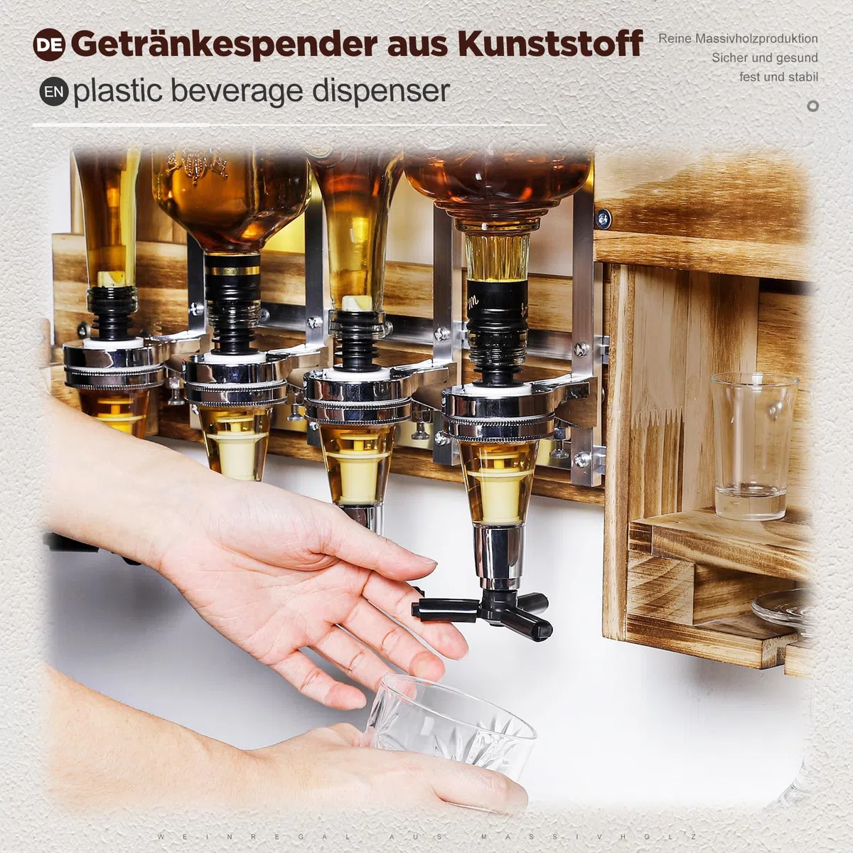 Yorbay Portabottiglie a Parete con 4 Dispenser Bevande, Supporto in Vetro, Porta Bottiglie da Vino, Porta Calice, Scaffale di Esposizione di Stoccaggio del Vino in Legno Rustic