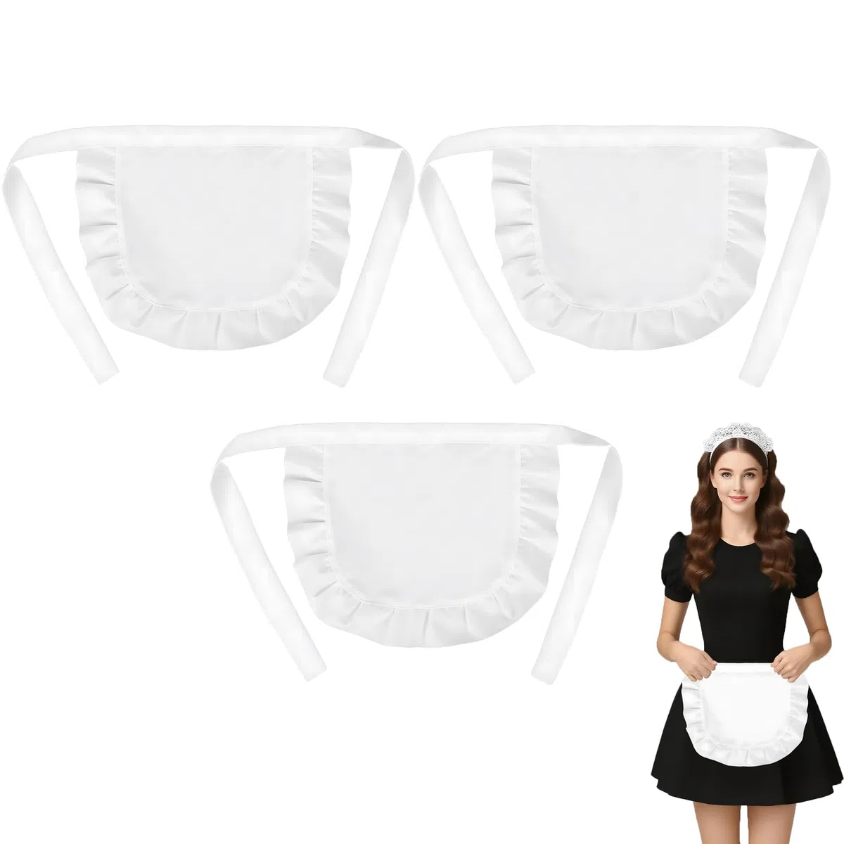 3 Pezzi Grembiule da Donna Bianco, Grembiule Piccolo in Vita Grembiuli da Cucina, Grembiule Cameriera Grembiules con Volant per Ristoranti, Caffè, Pulizia, Pittura, Cucinare