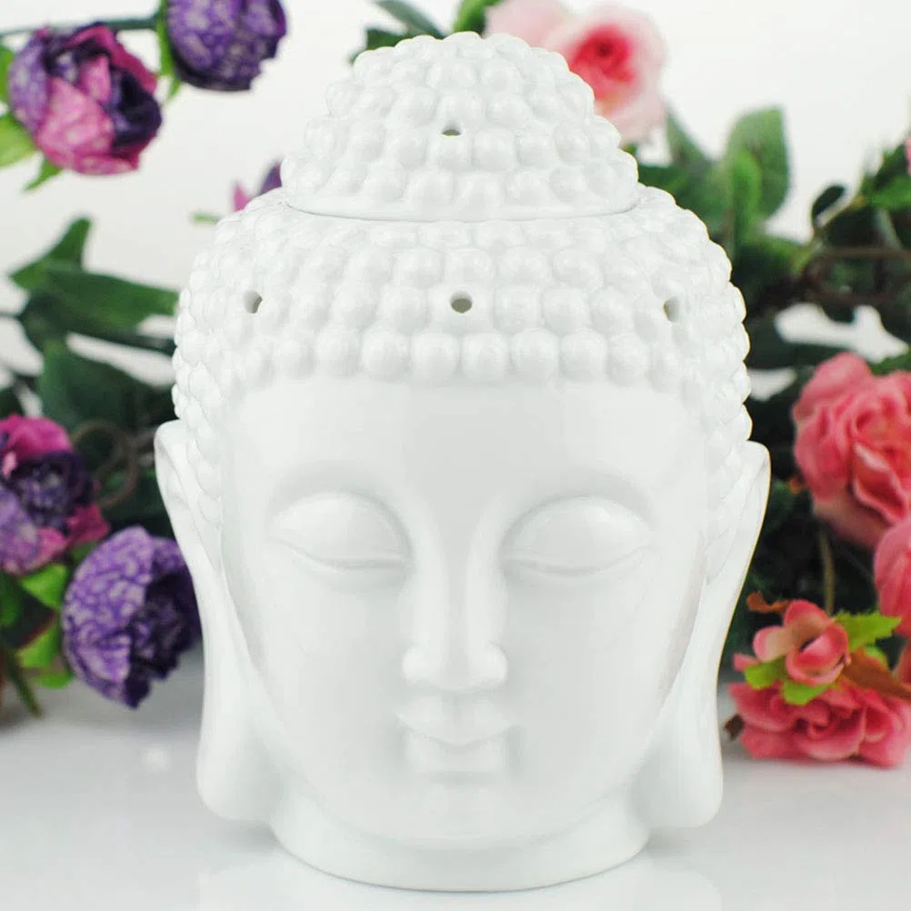 Bruciatore a olio per aromaterapia in ceramica, testa di buddha, diffusore di oli essenziali, bruciatore di incenso indiano tibetano S (bianco)