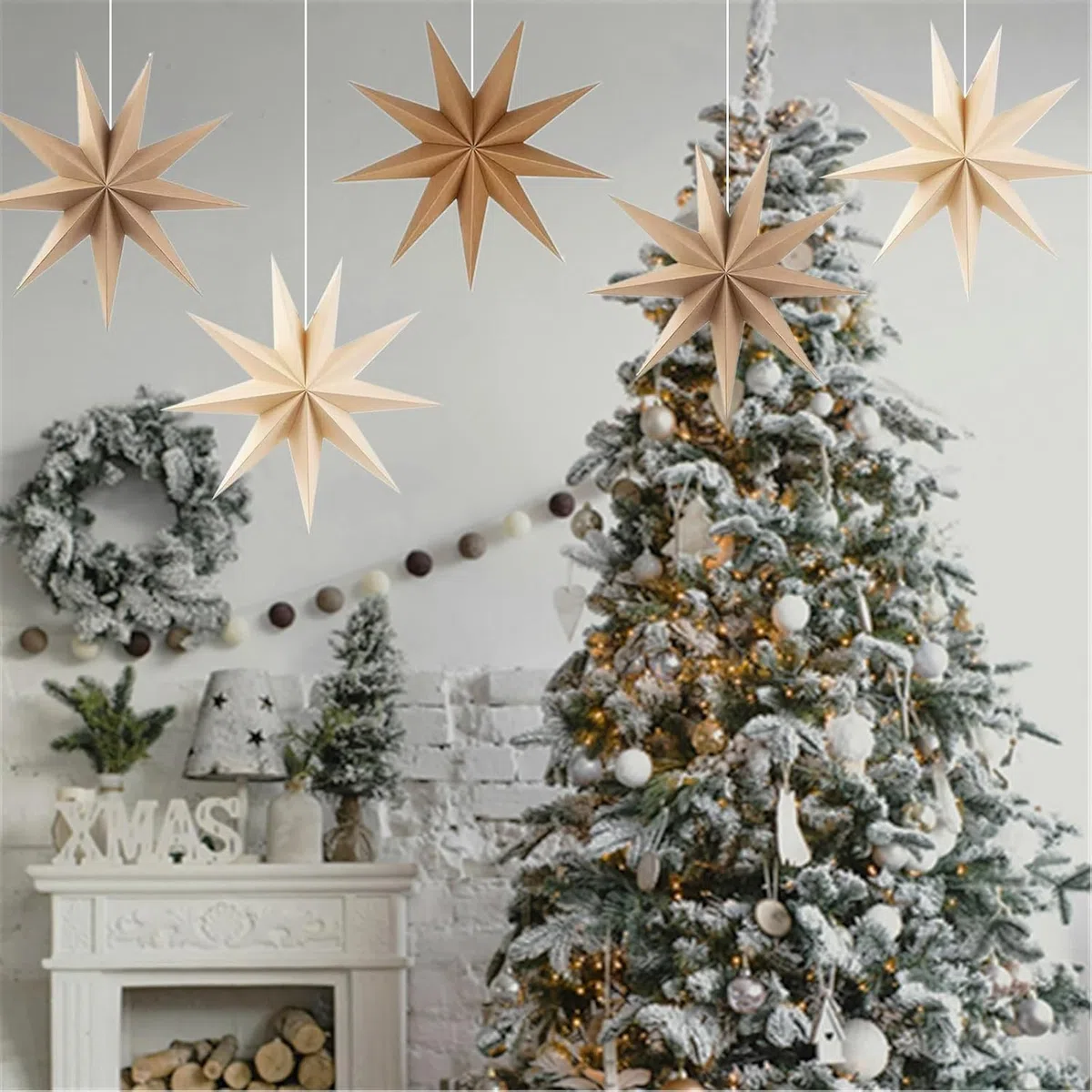Set di 5 Stelle di Carta da Appendere, Decorazione Natalizia per Interni ed Esterni, Decorazione Natalizia, 30 cm, Stelle di Carta da Appendere, per Decorazioni Natalizie (Marrone set)
