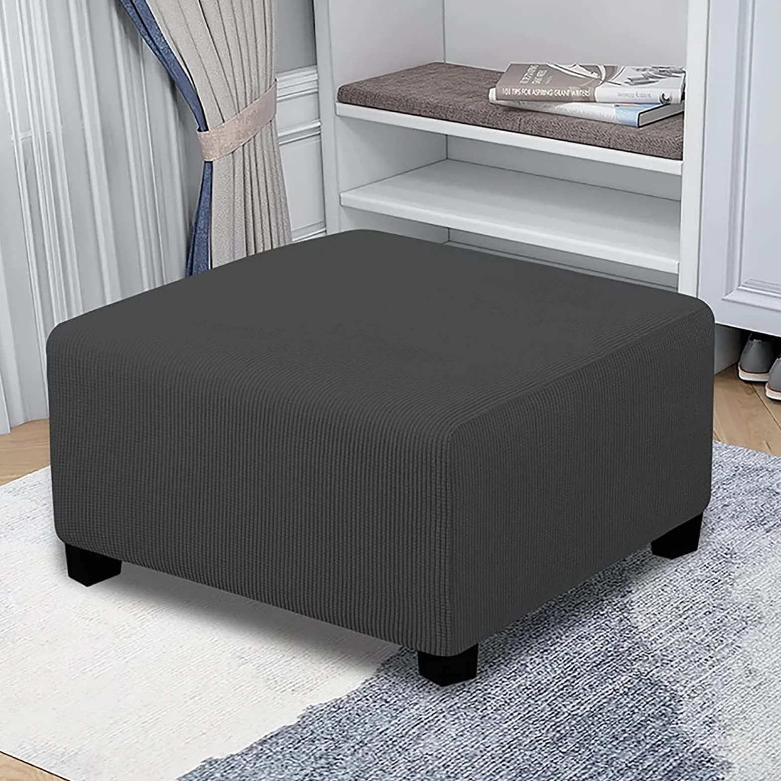 Copertura quadrata per ottomana, caratteristica copertura protettiva per poggiapiedi in morbido tessuto jacquard elasticizzato, protezioni rimovibili antiscivolo per mobili, (Deep Blue)