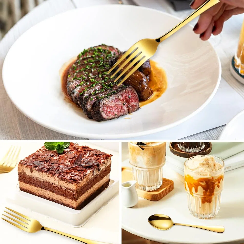 24 Pezzi Posate Acciaio Inox Forchette e Cucchiaio Oro,Cucchiai Dessert,Torta Forchette da Tavola,Cucchiaini da Caffè Piccoli,Forchetta da Dessert,Cucchiaino da Tè,Coffee Spoon per Casa