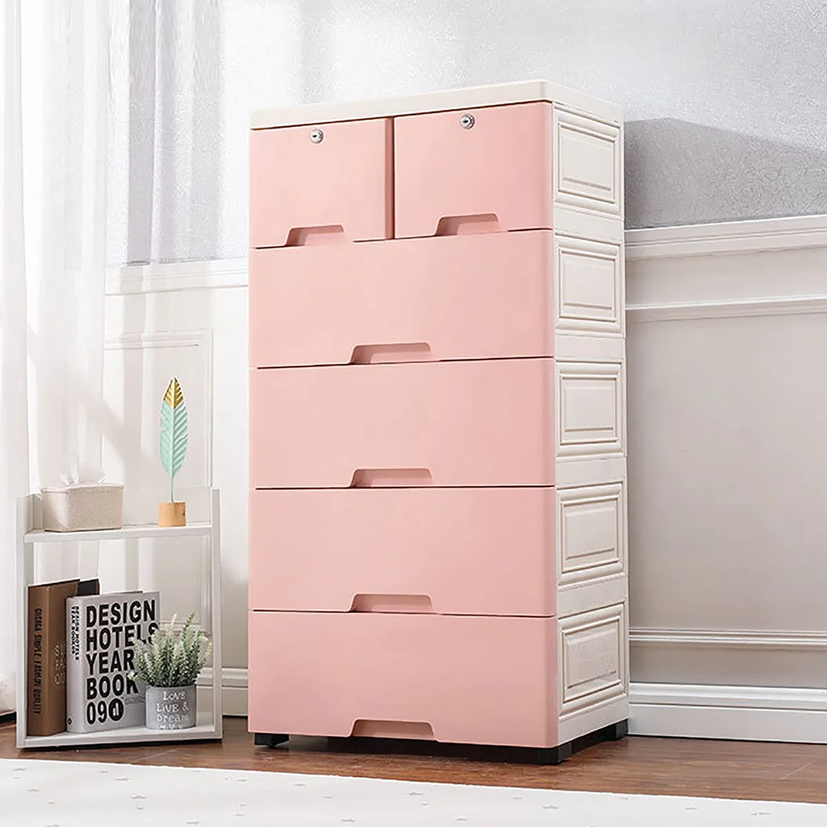 Torre portaoggetti in plastica, cassettiera con 6 cassetti e 4 ruote, modernità per soggiorno, camera da letto, larghezza 50 x profondità 30 x altezza 120 cm (rosa)