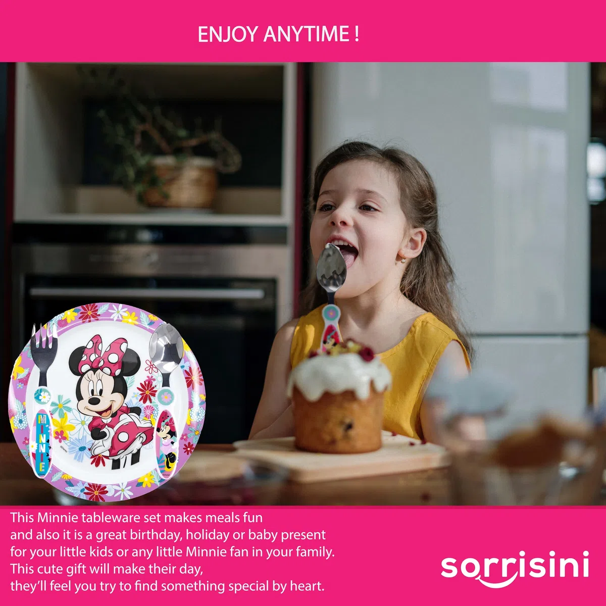 Set Stoviglie bambini, Piatti riutilizzabili per asilo, scoula, piatto, posate in acciaio inox, Set piatti in plastica dura andata per microonde, Minnie