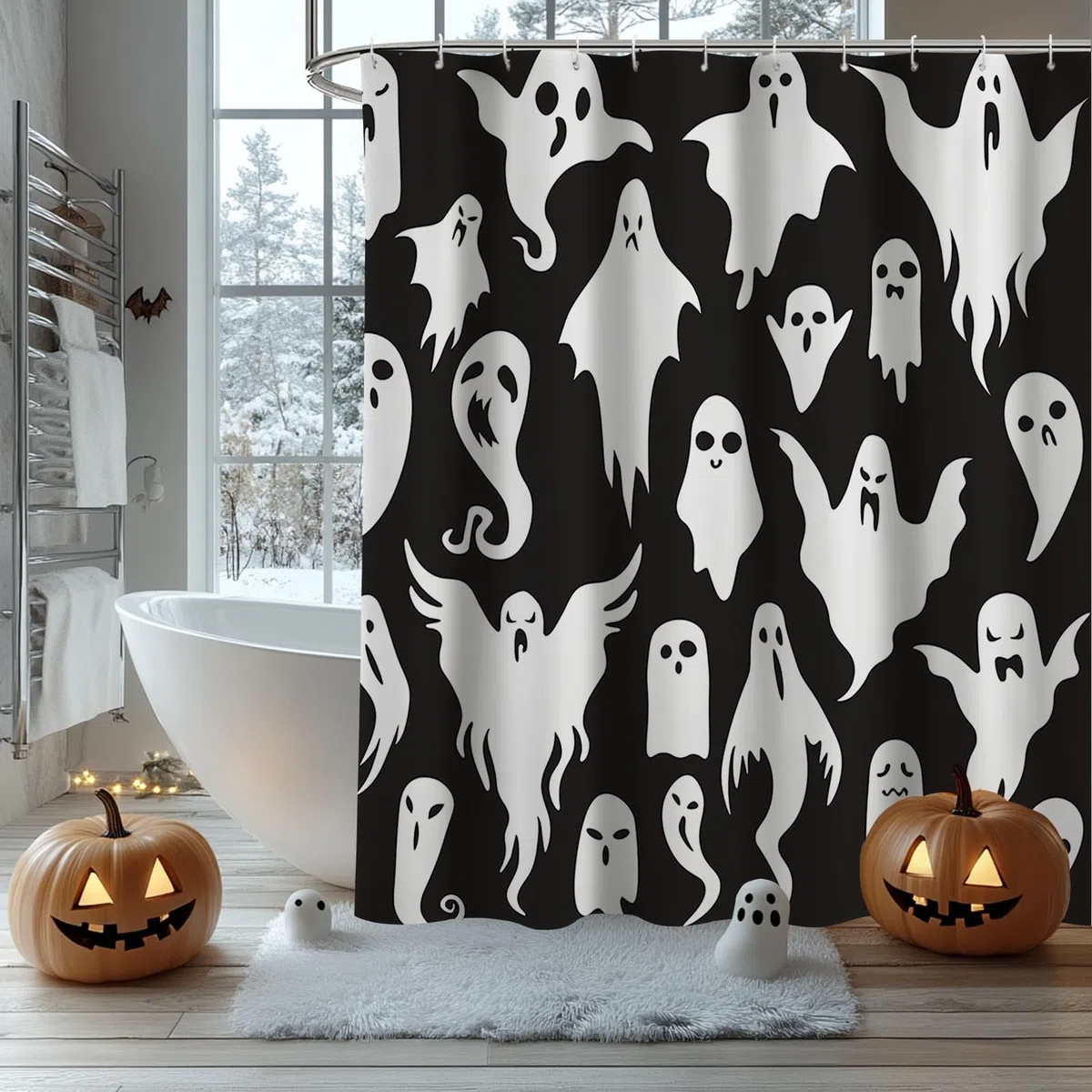 AIBIIN Tenda da doccia con fantasmi di Halloween, 182,9 x 183 cm, motivo fantasma in bianco e nero, divertente tenda da doccia carina e divertente decorazione impermeabile in tessuto resistente per la