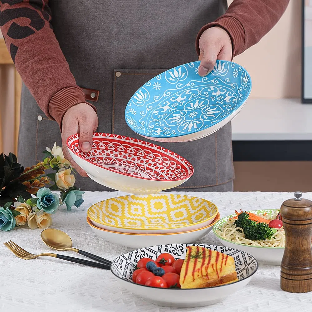 Servizio Piatti Fondi in Ceramica Colorati, Profondi 20 cm - per Zuppa | Insalata | Pasta | Gourmet | Risotto - Lavabile in Lavastoviglie e Microonde - Set di 6