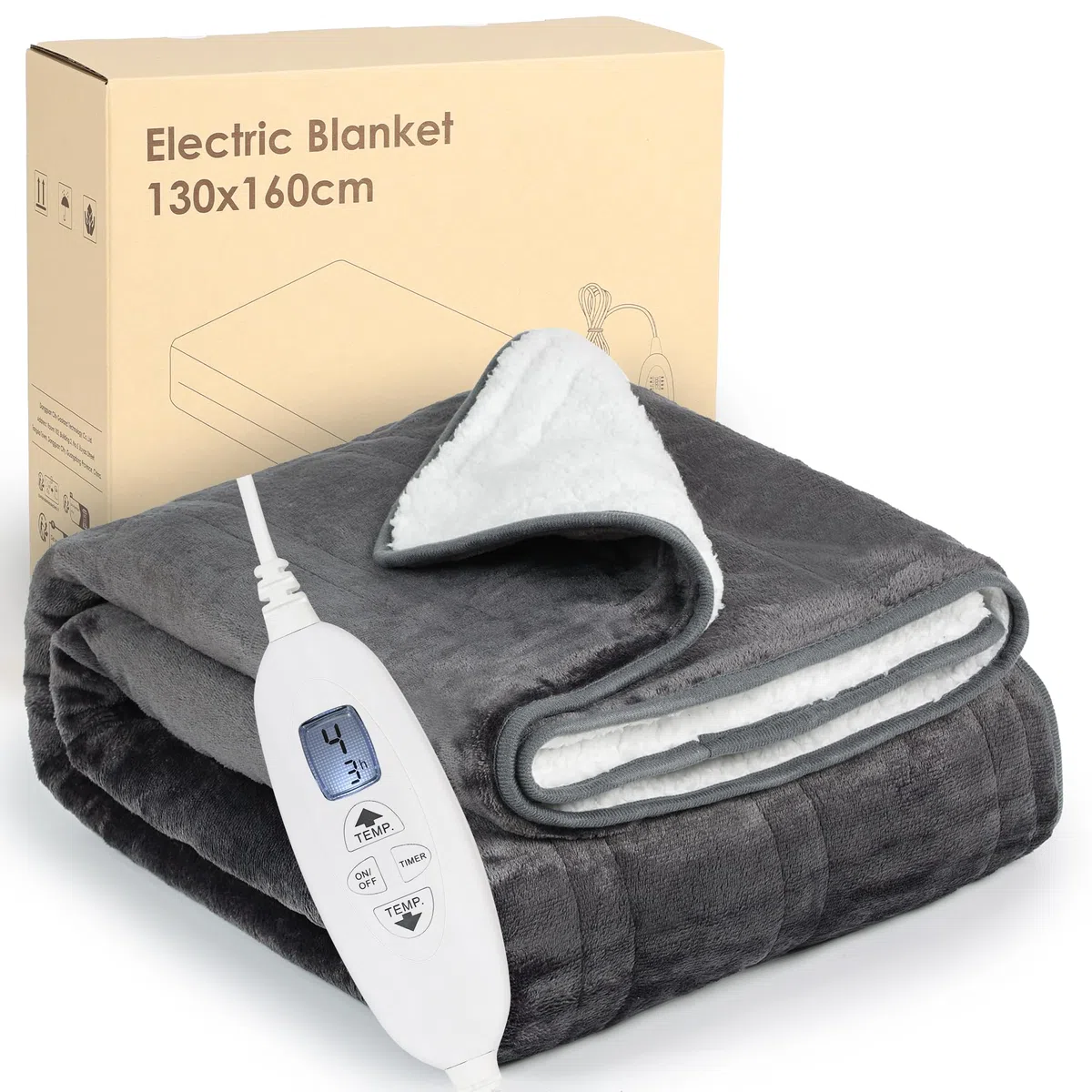 Coperta Elettrica, Coperta Riscaldante 160x130 CM, 4 Impostazioni di Calore e 4 Timer, Lavabile in Lavatrice