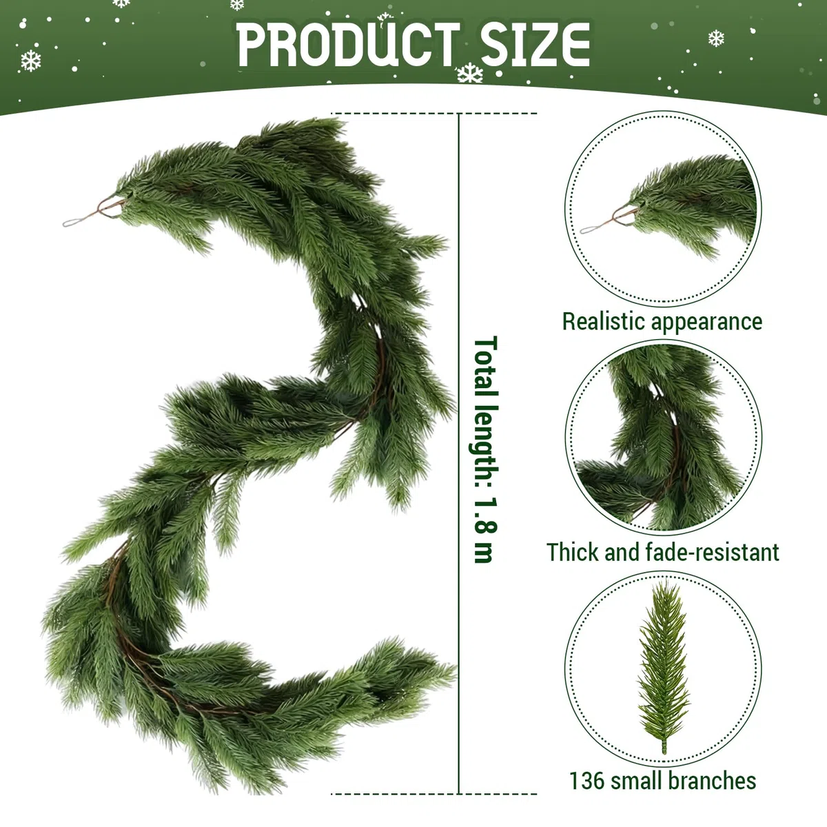 Ghirlanda Natalizia 180cm/5.91ft, Ghirlanda di Pino Artificiale con 136 Rami Verde Abete, Festone di Pino Natalizio, Decorazione Natalizia per Esterno ed Interni, Scale, Porta, Camino (180CM)